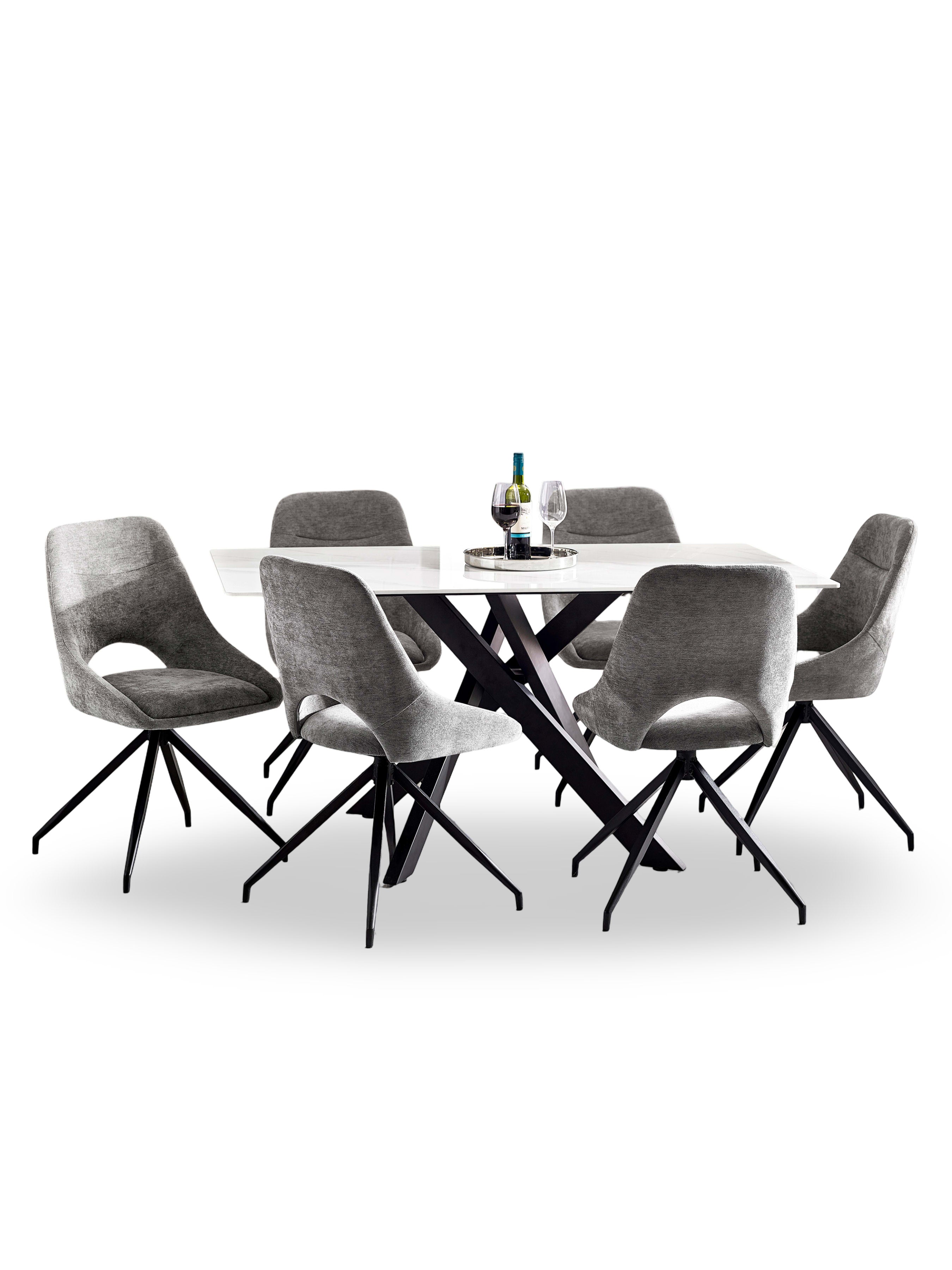 Bradley White Ceramic Marble Effect Rectangular Dining Table Set with 6 Jonah Grey Chenille Upholstered Dining Chairs – White/Black