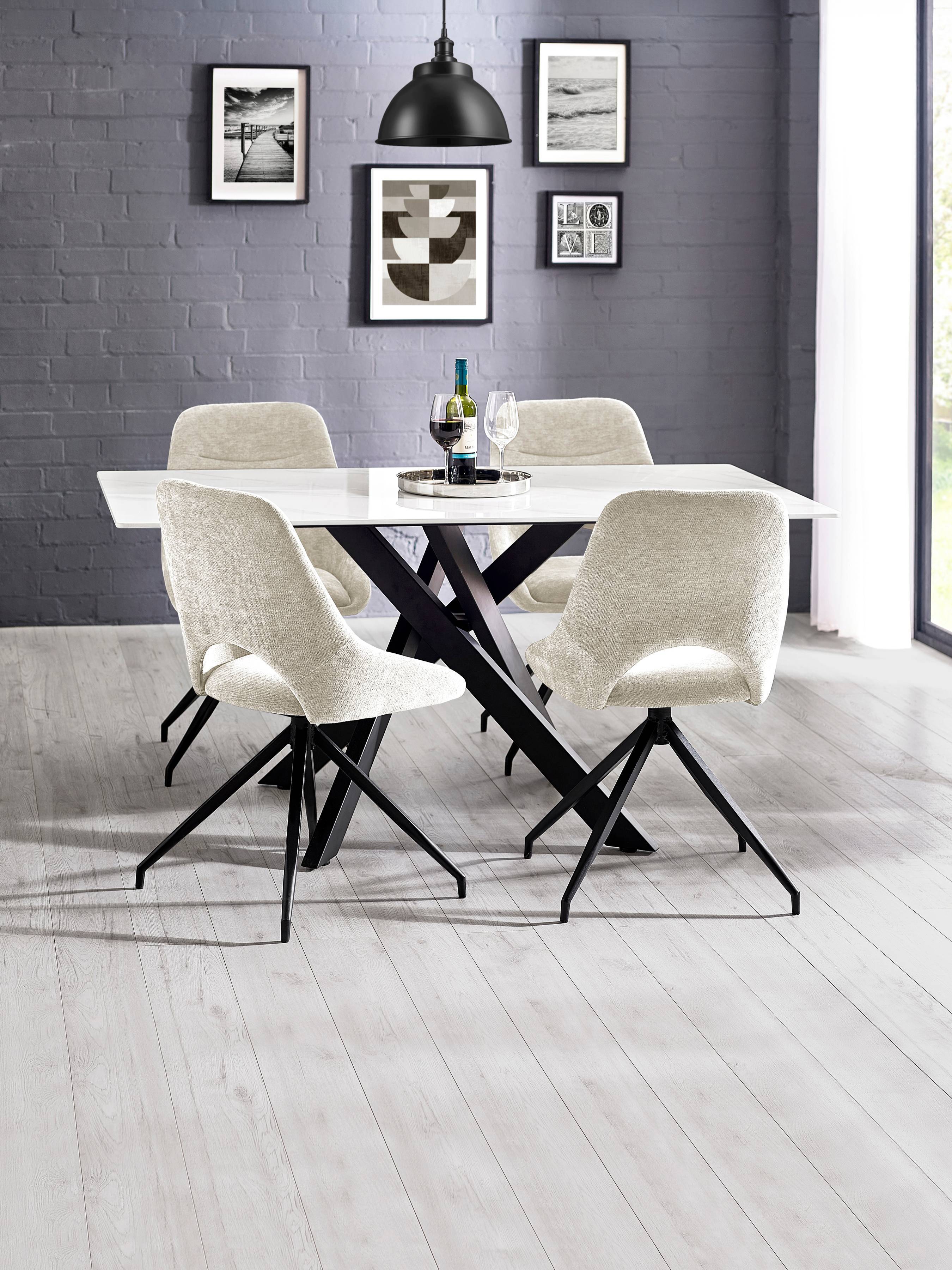 Bradley White Ceramic Marble Effect Rectangular Dining Table Set with 4 Jonah Cream Chenille Upholstered Dining Chairs – White/Black