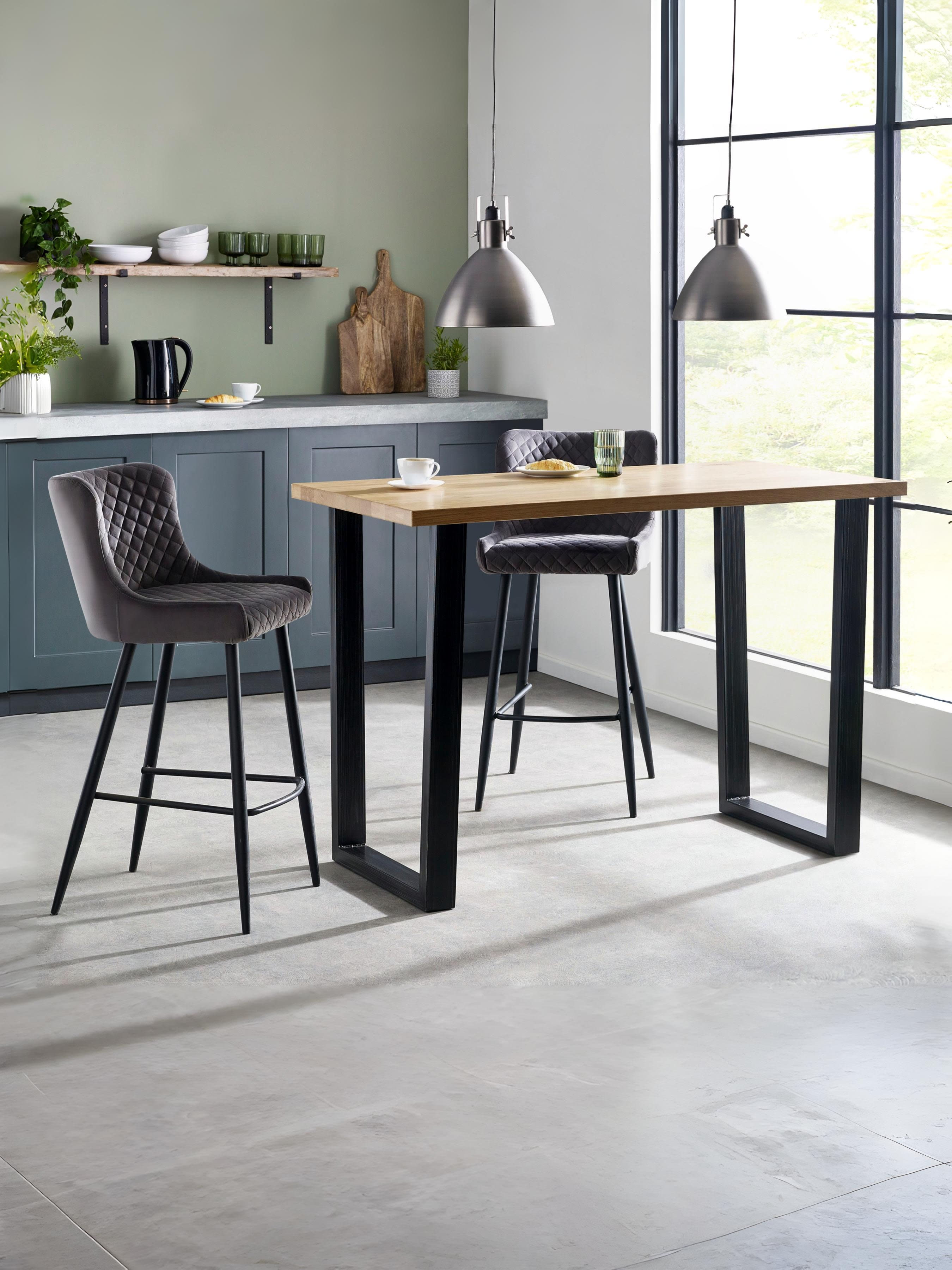 Brooklyn Solid Oak 96cm Bar Table Set with 2 plush Grey Velvet Quilted Stools