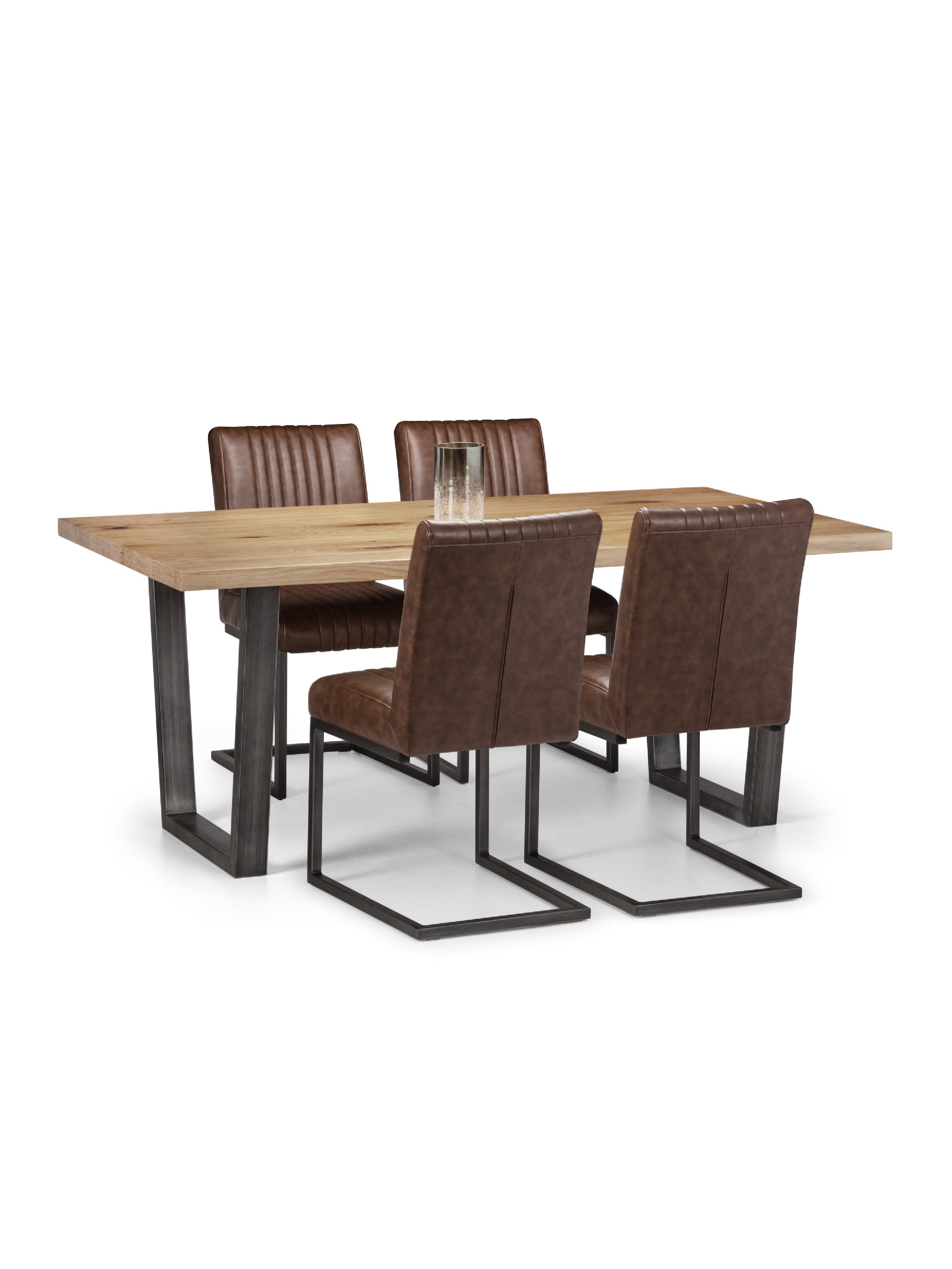 Brooklyn Rectangualr Solid Oak Dining Table Set with 4 Brown Faux Leather Dining Chairs – Oak / Gunmetal