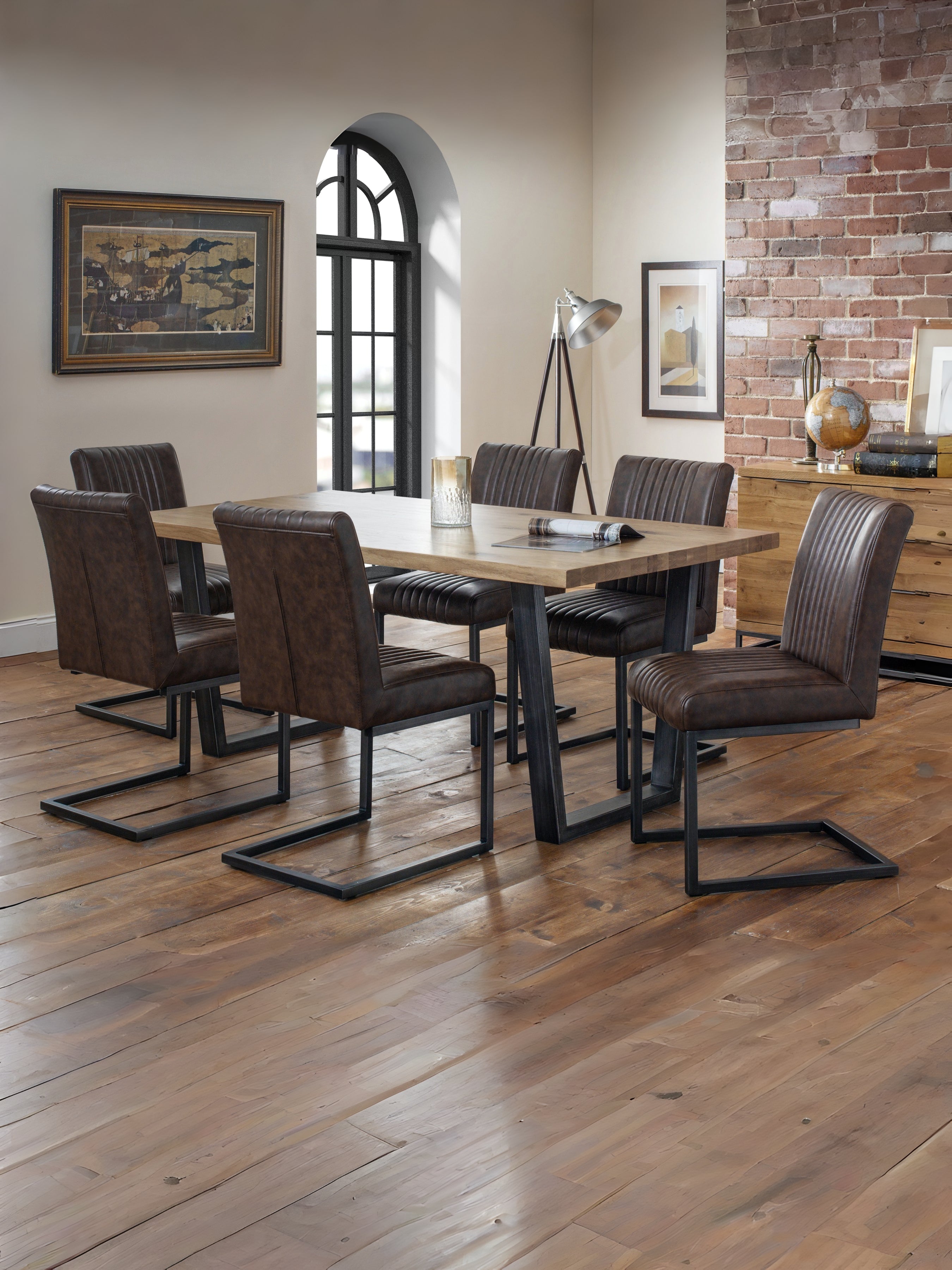 Brooklyn Rectangualr Solid Oak Dining Table Set with 6 Brown Faux Leather Dining Chairs – Oak / Gunmetal