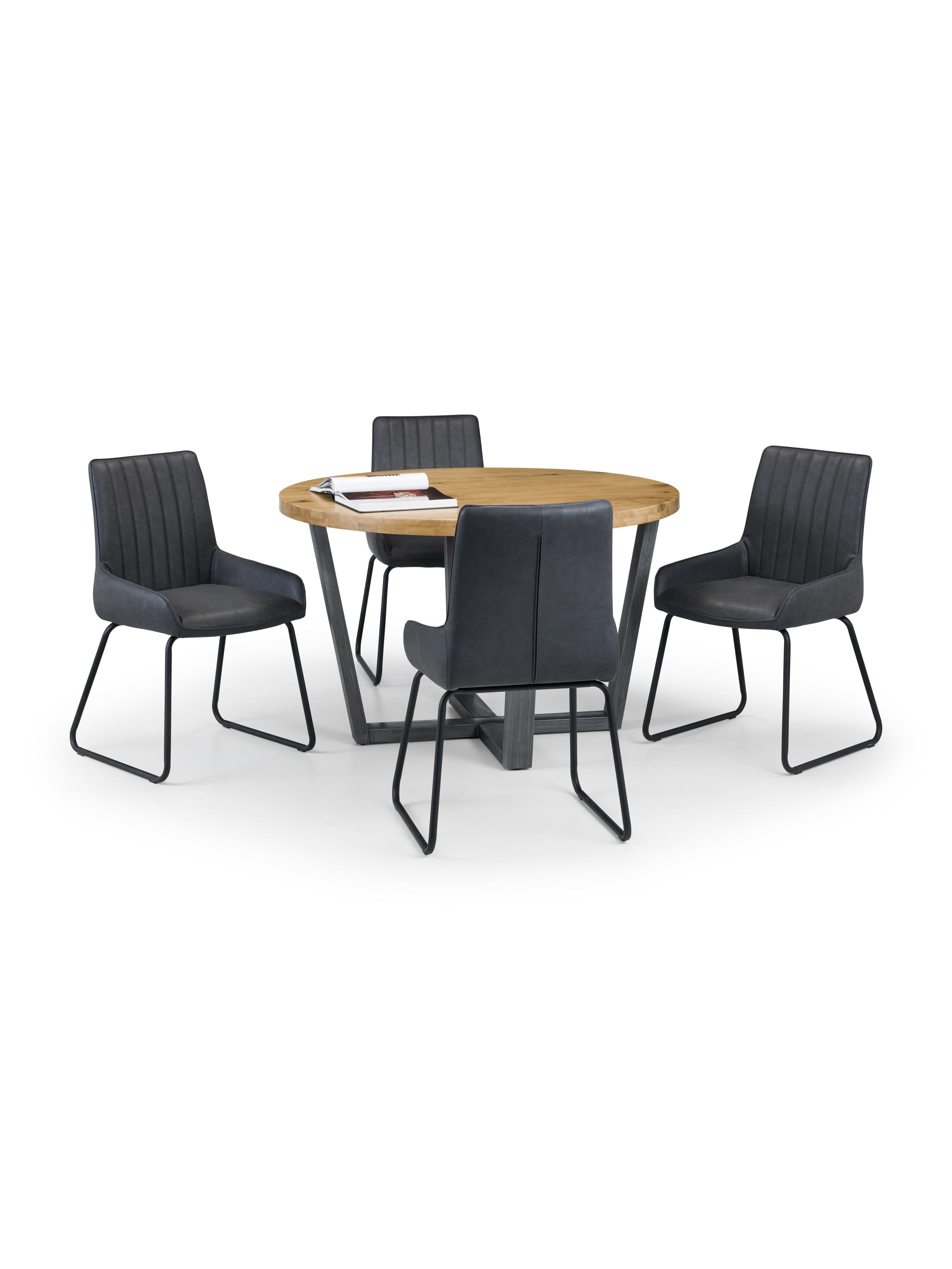 Brooklyn Oak Round Table and 4 Grey Soho Chairs – Oak Effect and Antique Black