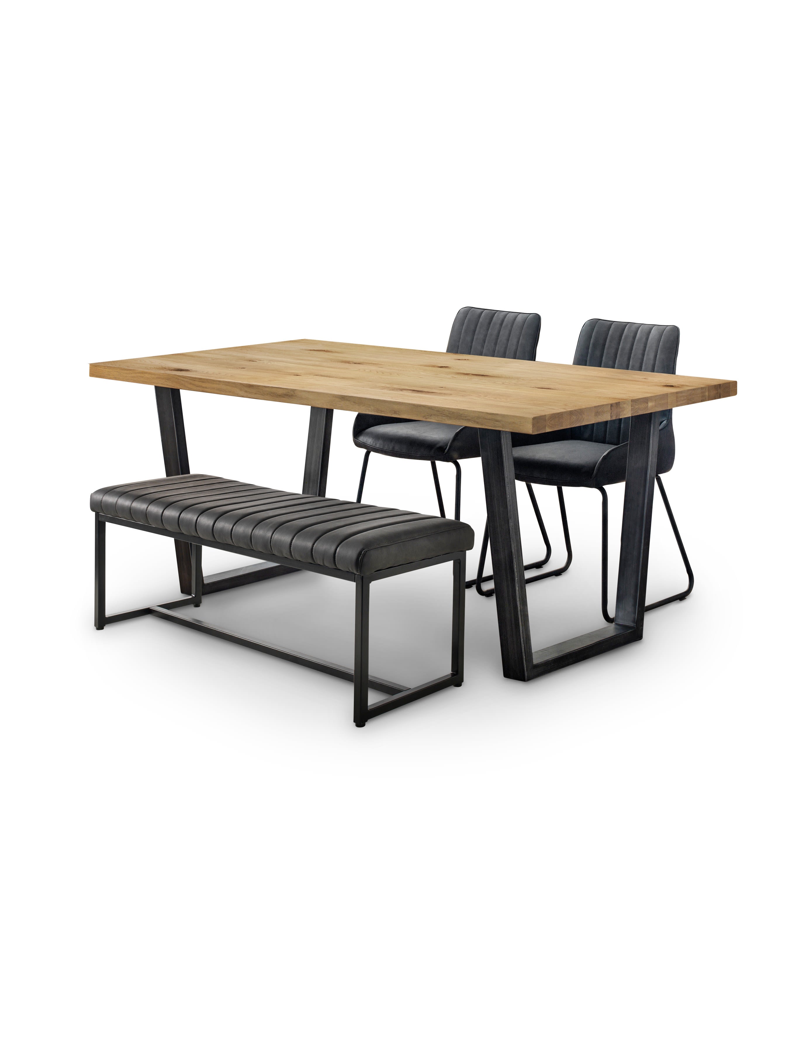 Brooklyn Oak Rectangular Table, 1 Grey Soho Bench and 2 Grey Soho Chairs – Oak Effect and Antique Black
