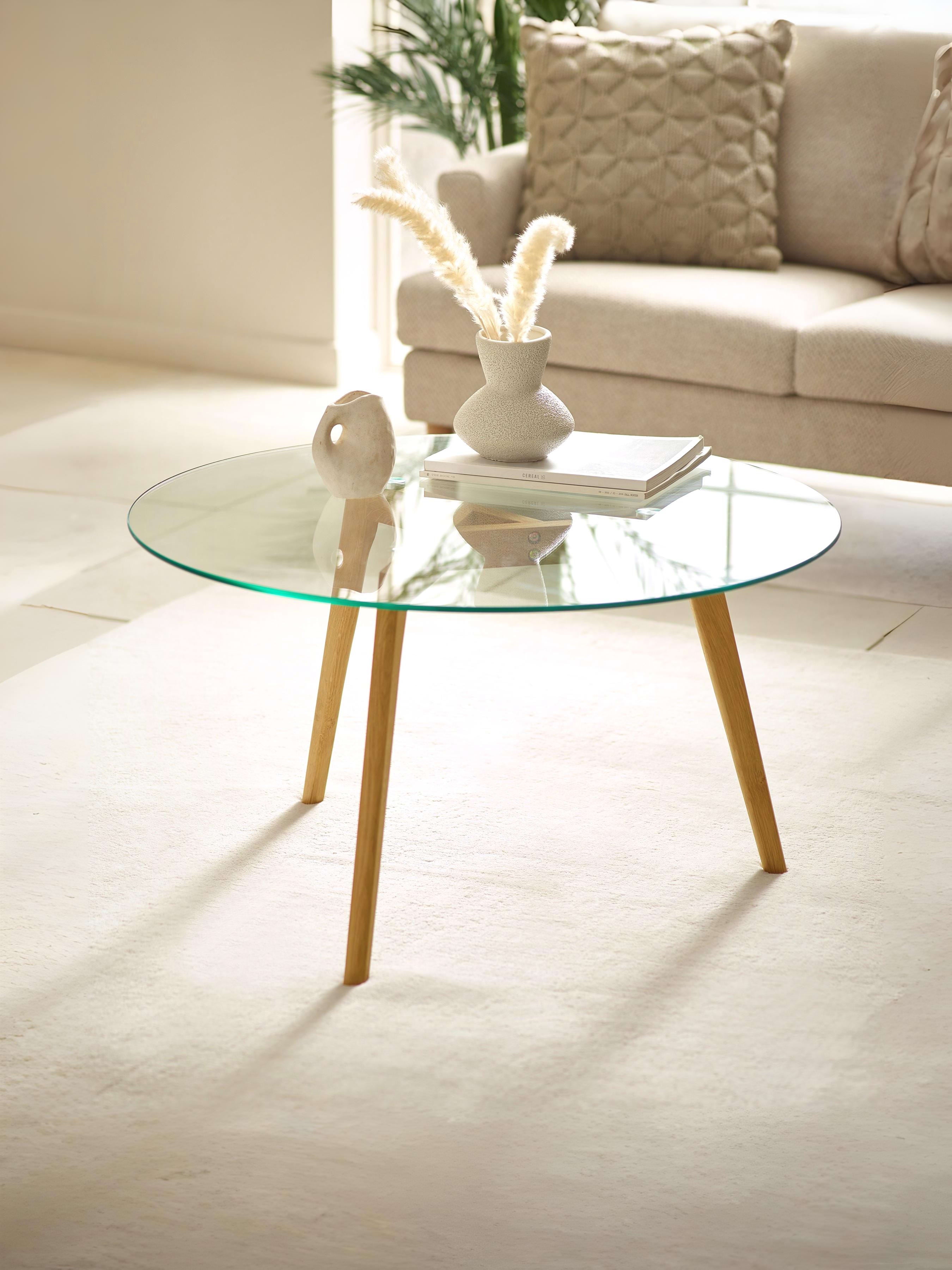 Bryant 80cm Round Glass Coffee Table – Natural Oak