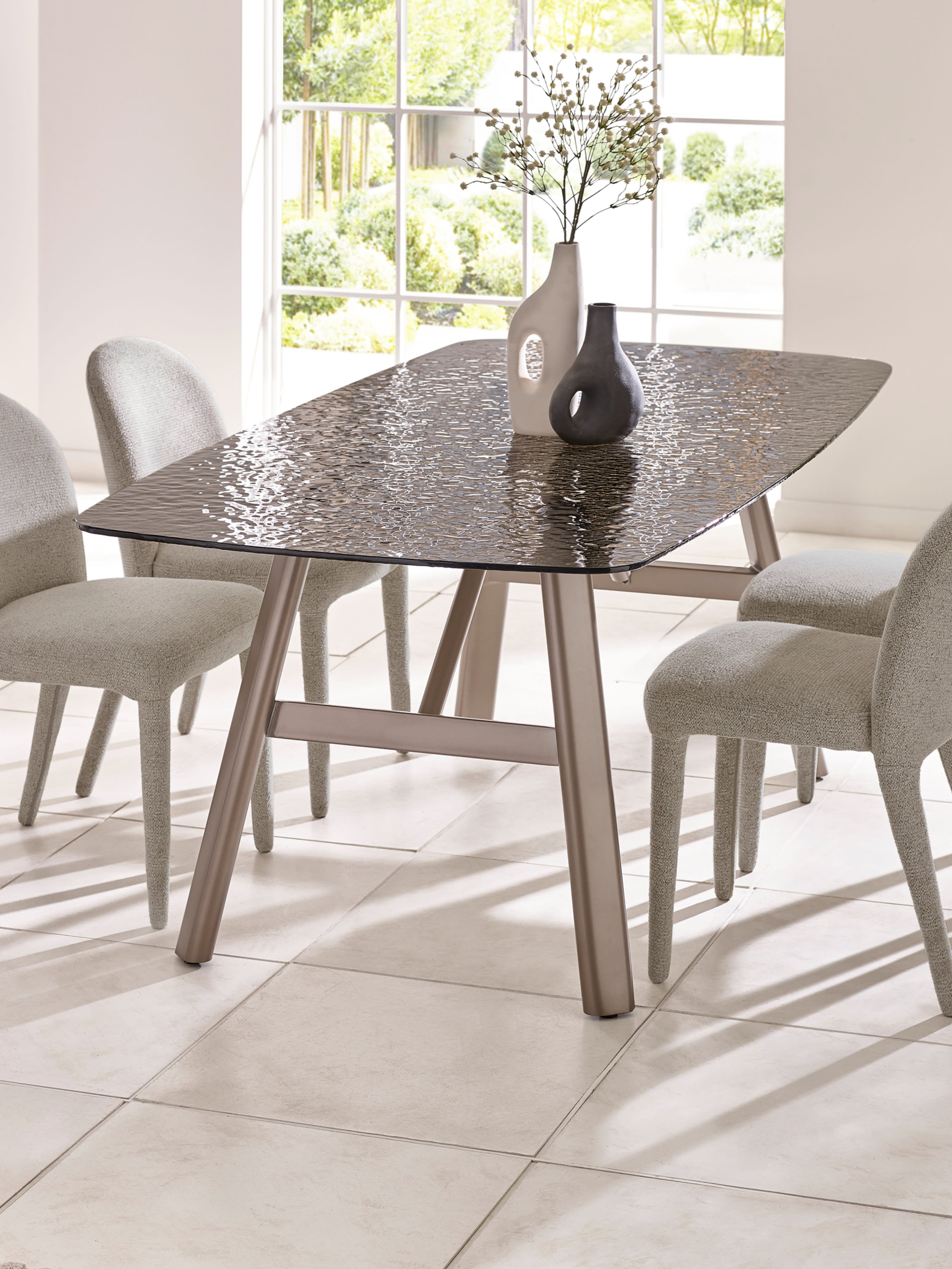 Callisto 200cm Rectangular Smoked Bubble Glass Dining Table – Taupe and Brushed Bronze