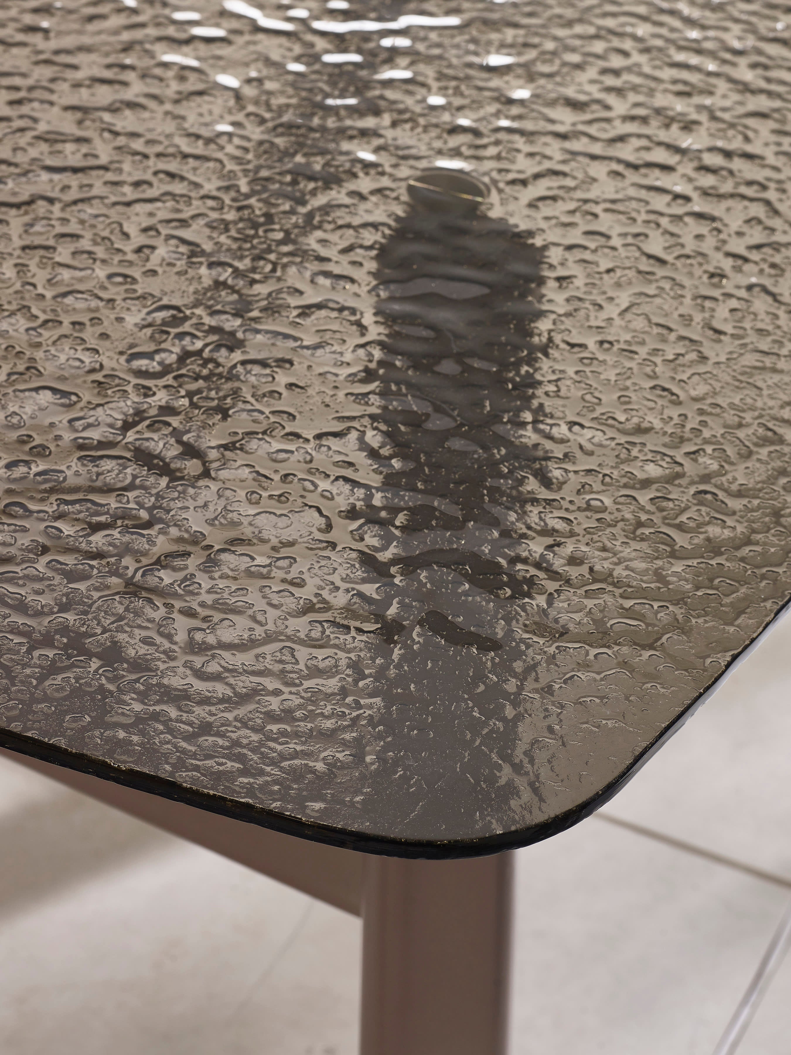 Callisto 200cm Rectangular Smoked Bubble Glass Dining Table – Taupe and Brushed Bronze