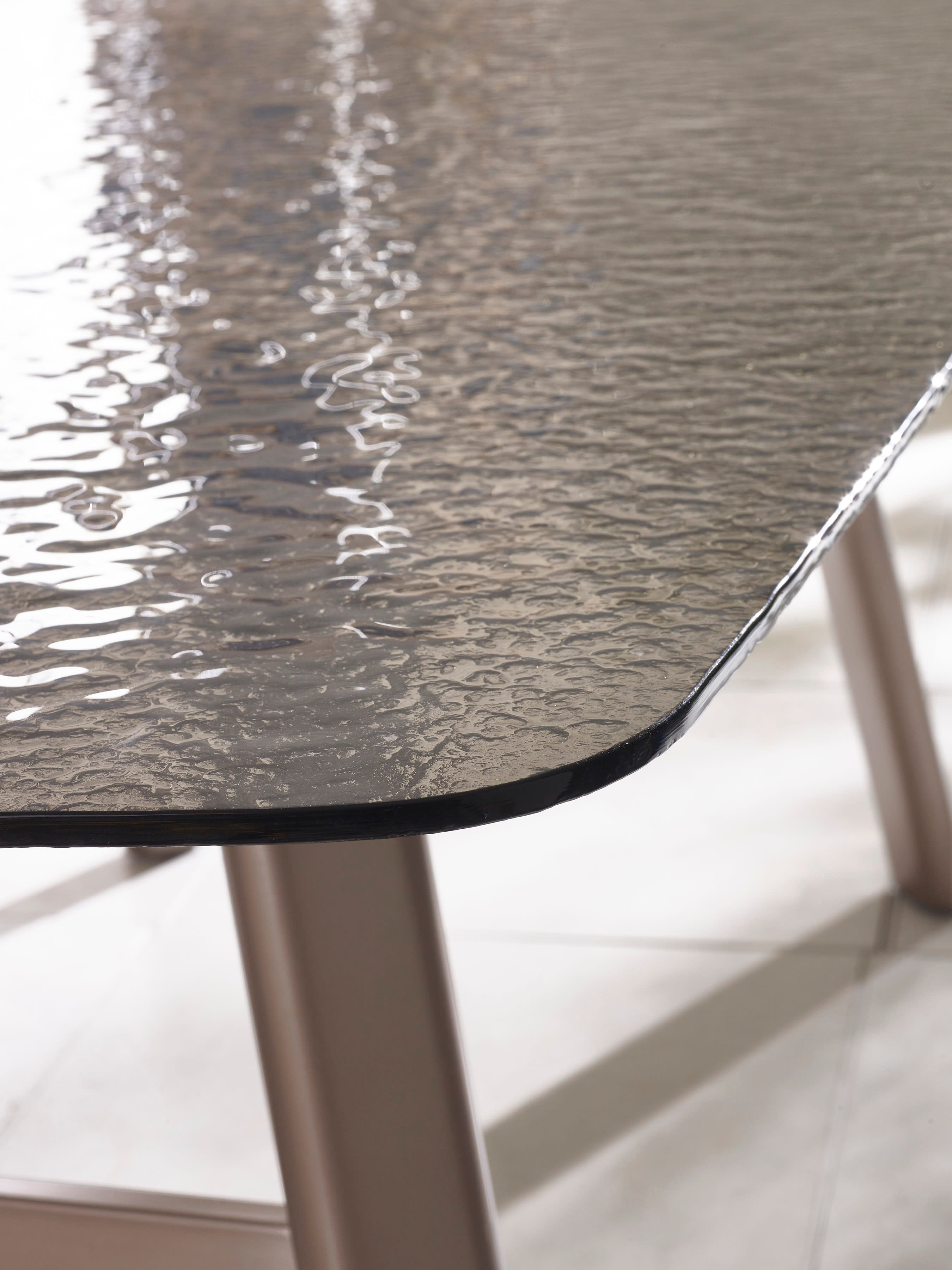 Callisto 200cm Rectangular Smoked Bubble Glass Dining Table – Taupe and Brushed Bronze