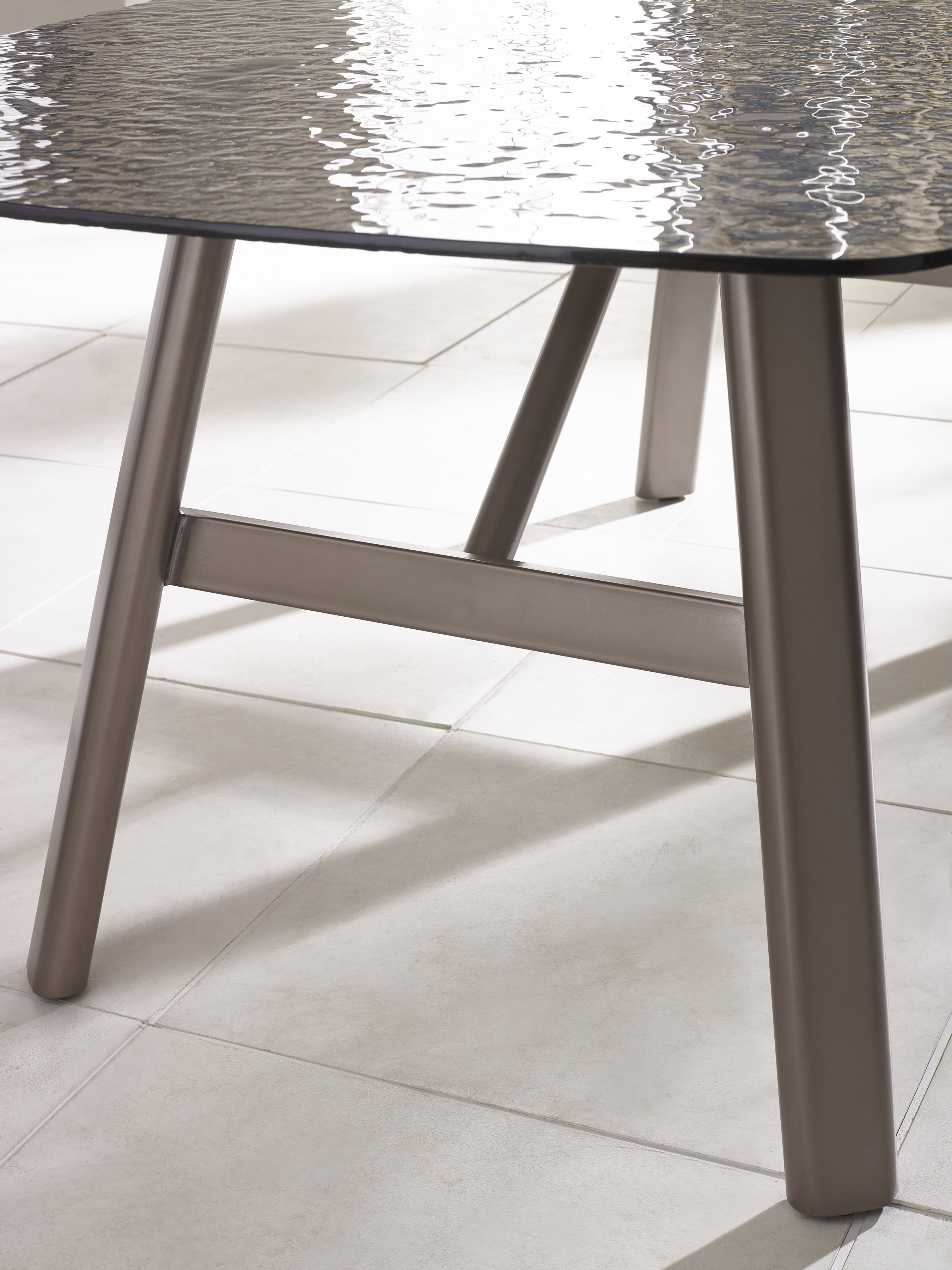 Callisto 200cm Rectangular Smoked Bubble Glass Dining Table – Taupe and Brushed Bronze