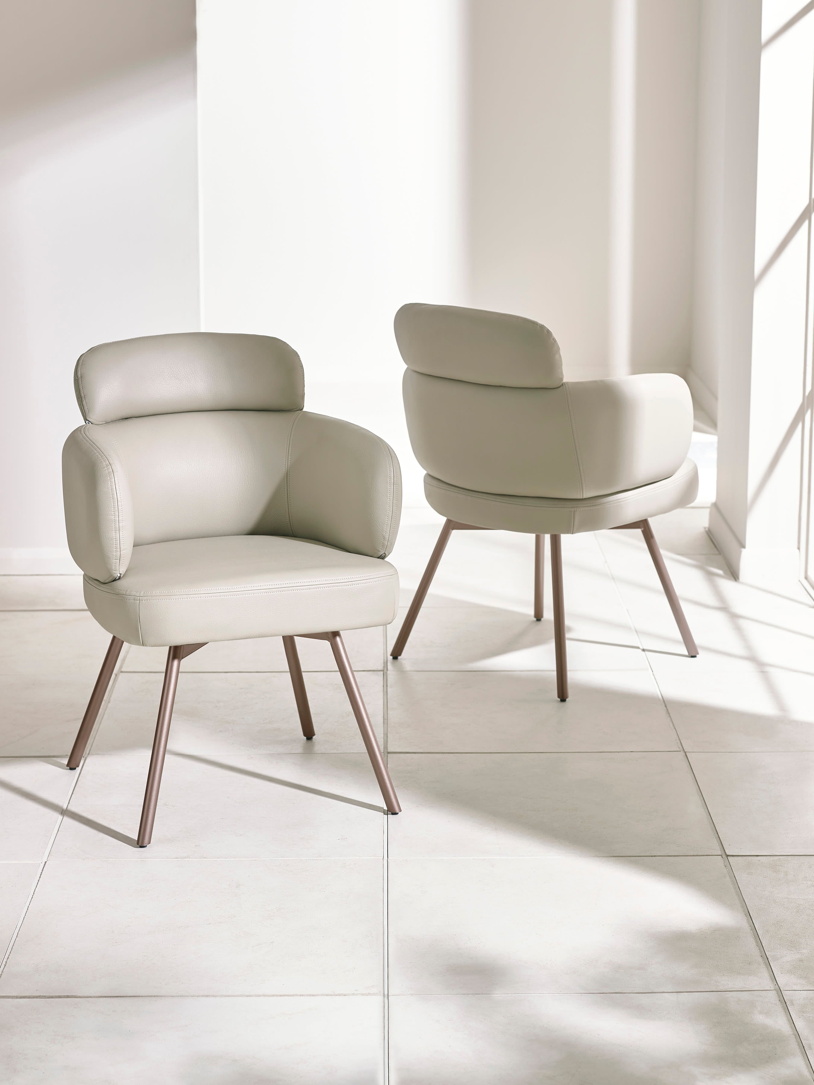 Set of 2 Callisto Beige Faux Leather Swivel Dining Chairs – Taupe Faux Leather and Brushed Bronze