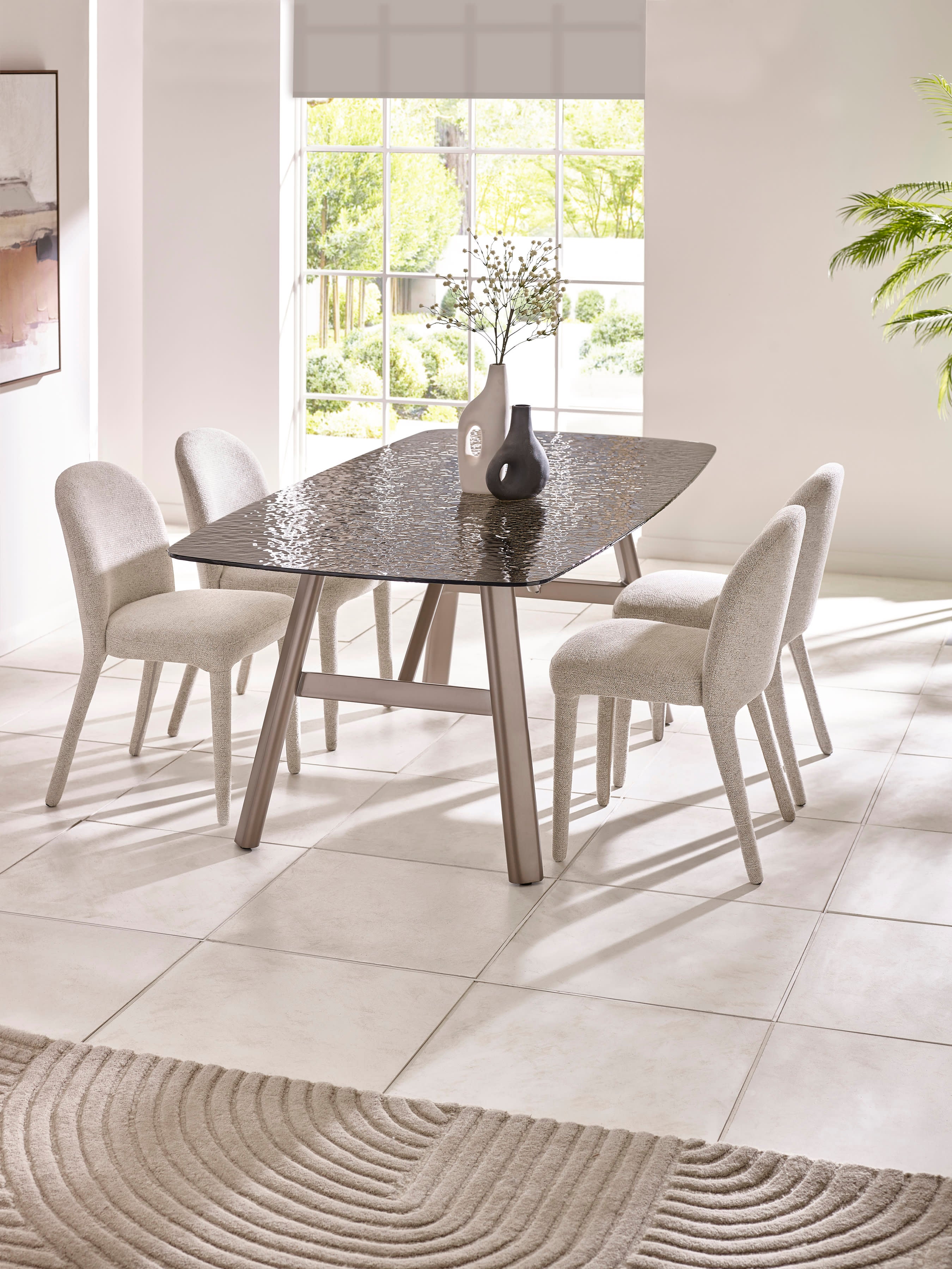 Callisto Rectangular Smoked Bubble Glass Dining Table Set with 4 Holly Fully Upholstered Beige Chenille Dining Chairs – Taupe and Brushed Bronze