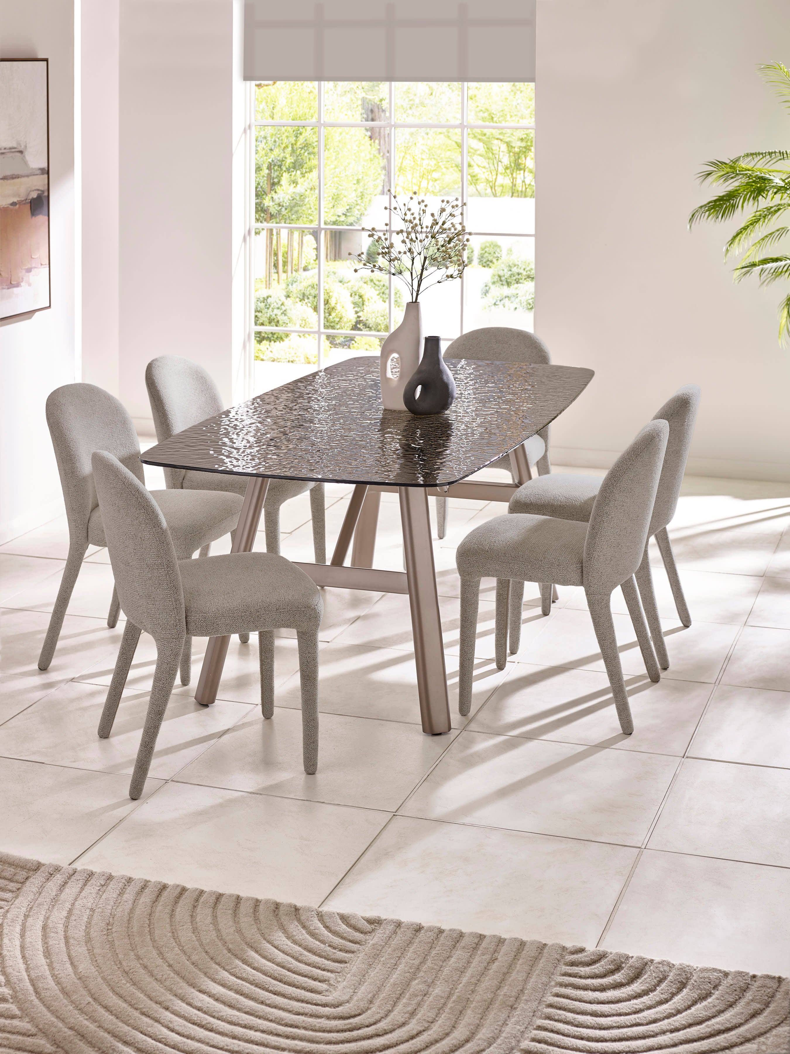 Callisto Rectangular Smoked Bubble Glass Dining Table Set with 6 Holly Fully Upholstered Grey Chenille Dining Chairs – Taupe and Brushed Bronze