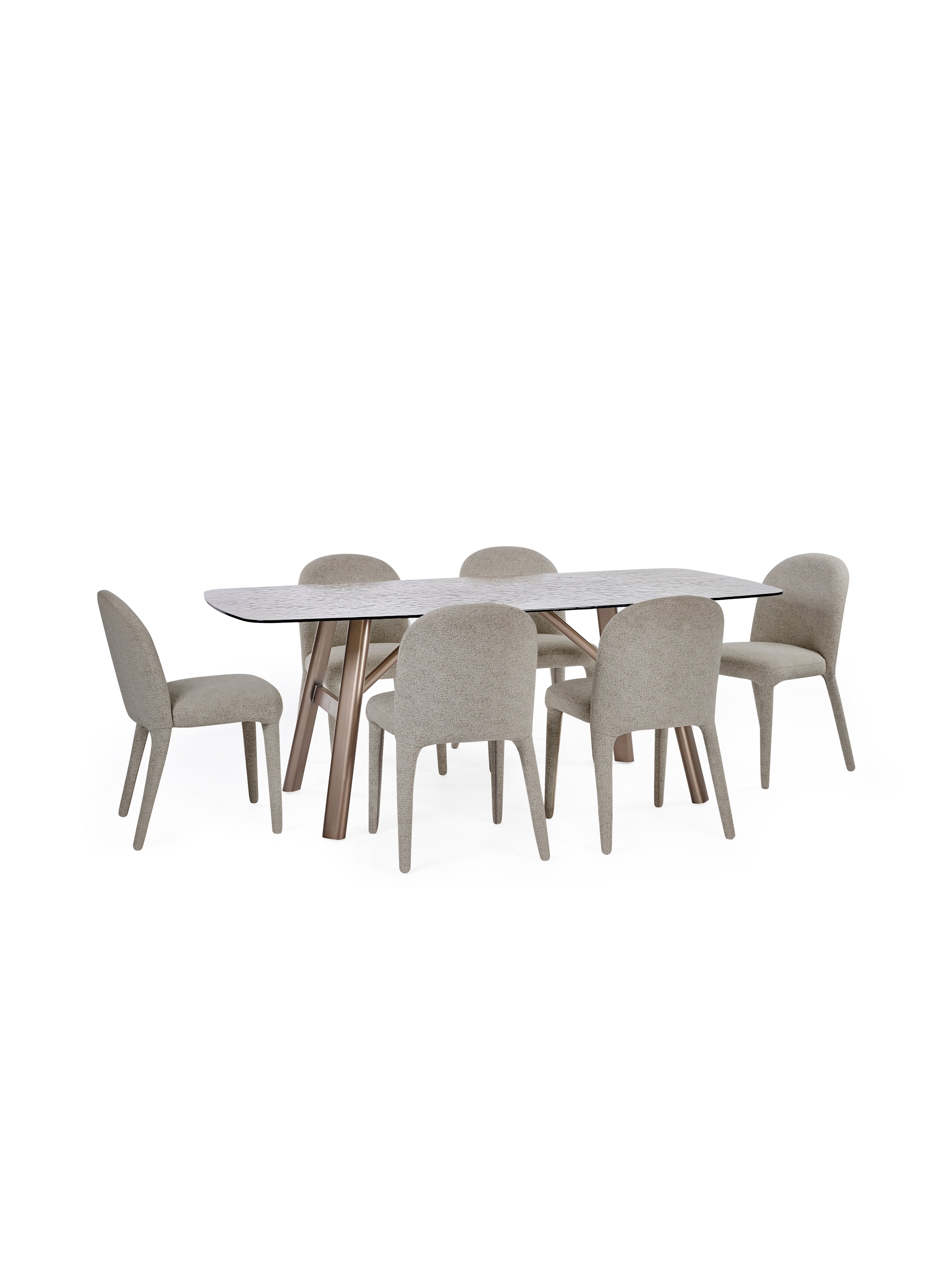 Callisto Rectangular Smoked Bubble Glass Dining Table Set with 6 Holly Fully Upholstered Grey Chenille Dining Chairs – Taupe and Brushed Bronze