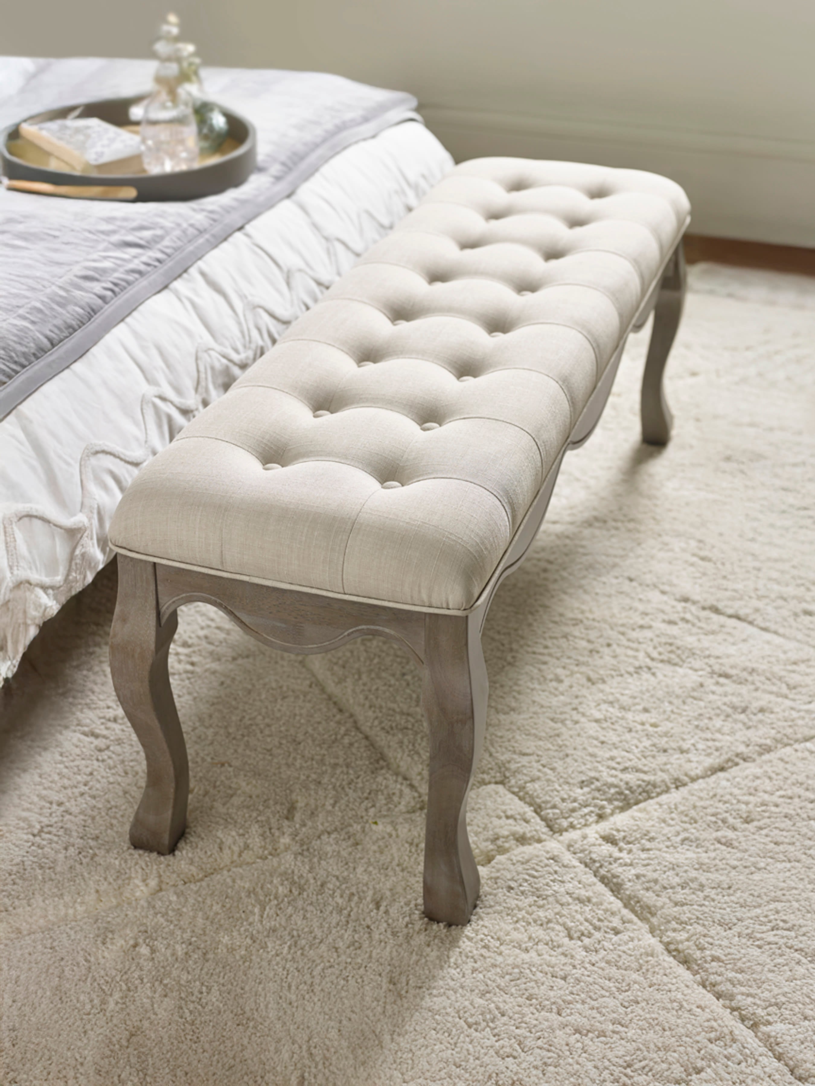 Camille Oatmeal Linen Upholstered Bench with French Style Legs – Oatmeal Linen and Limed Oak