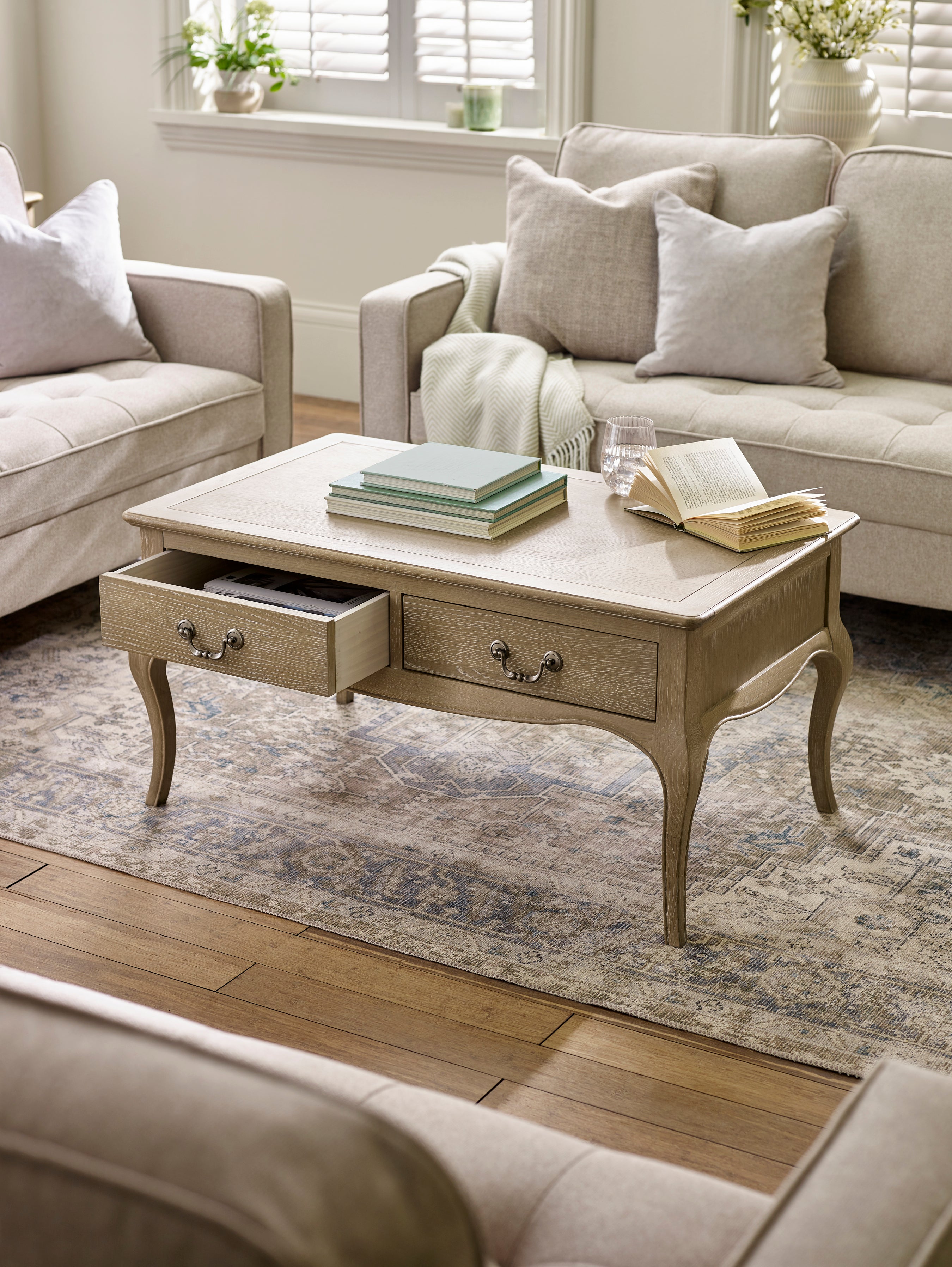 Camille French Style Rectangular Coffee Table – Limed Oak