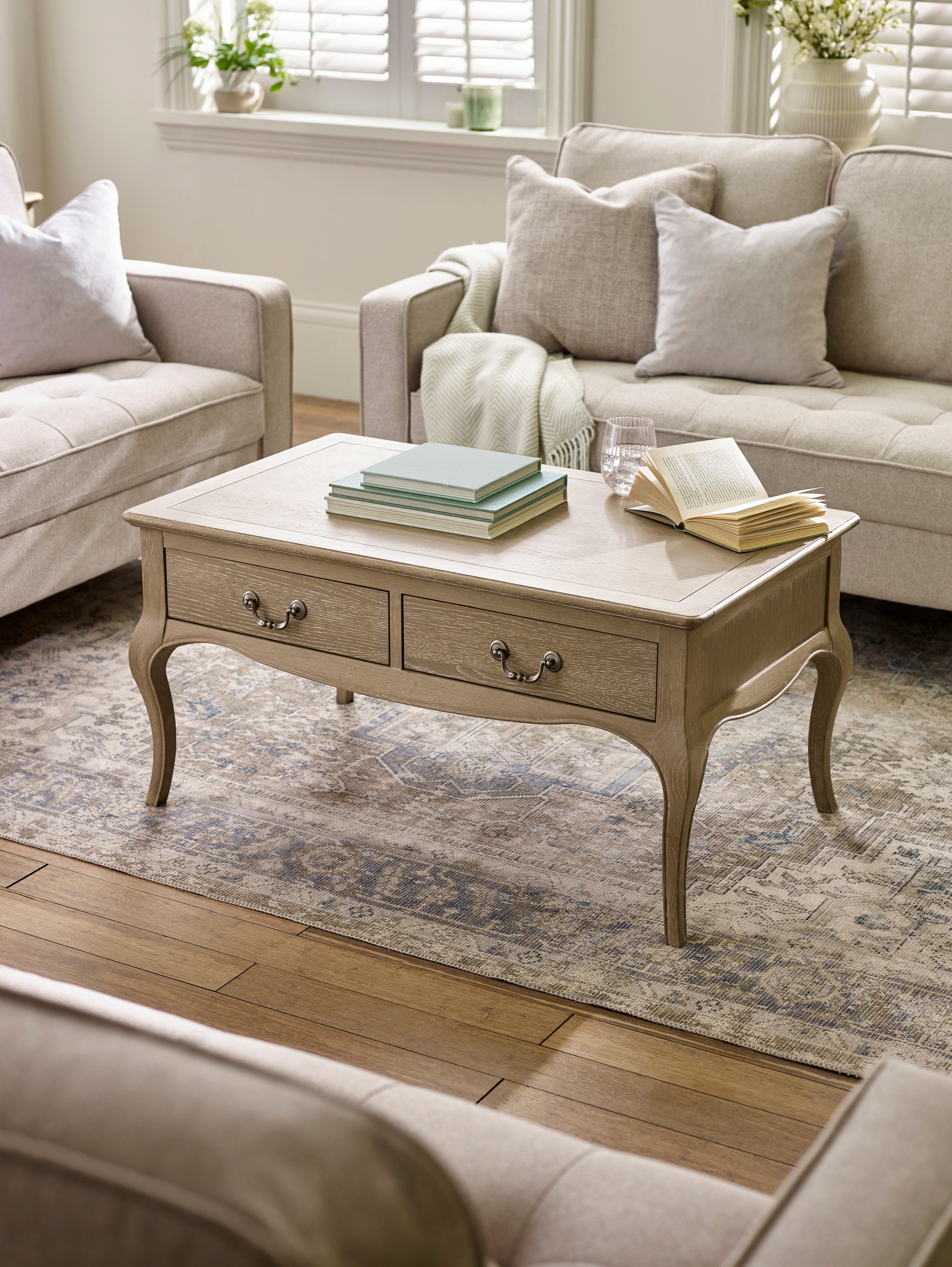Camille French Style Rectangular Coffee Table – Limed Oak