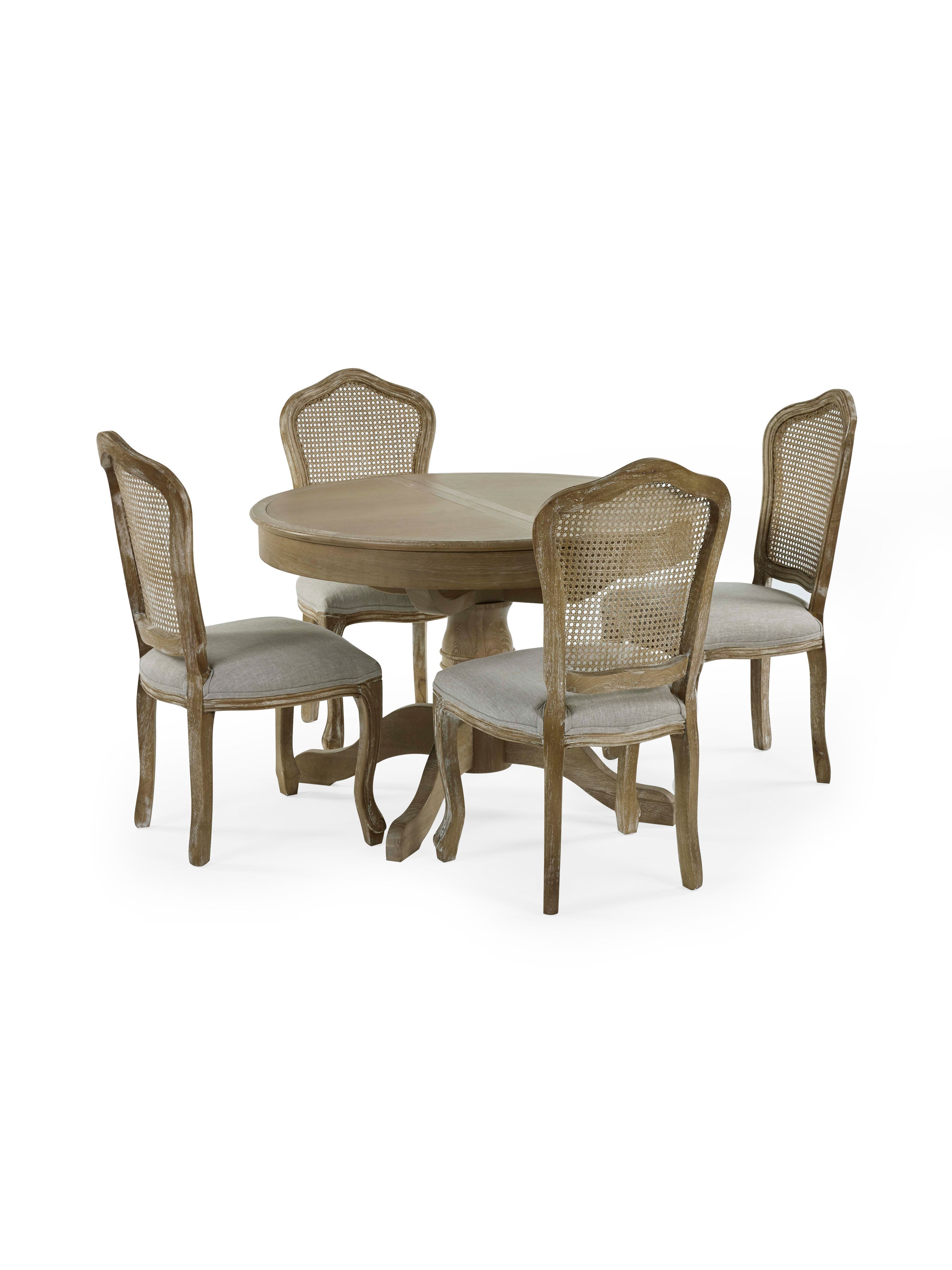 Set of 2 Camille Limed Oak Rattan Back Dining Chairs with French Style Legs – Oatmeal Linen and Limed Oak