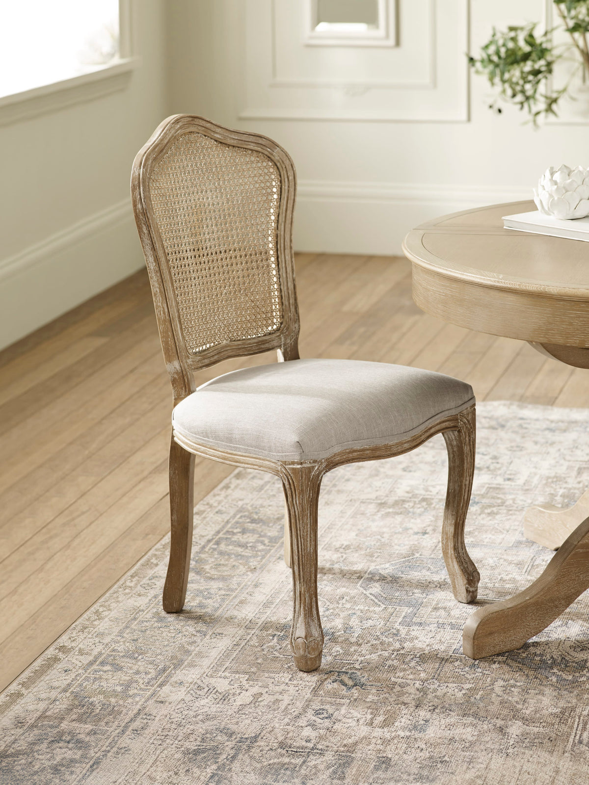 Set of 2 Camille Limed Oak Rattan Back Dining Chairs with French Style Legs – Oatmeal Linen and Limed Oak