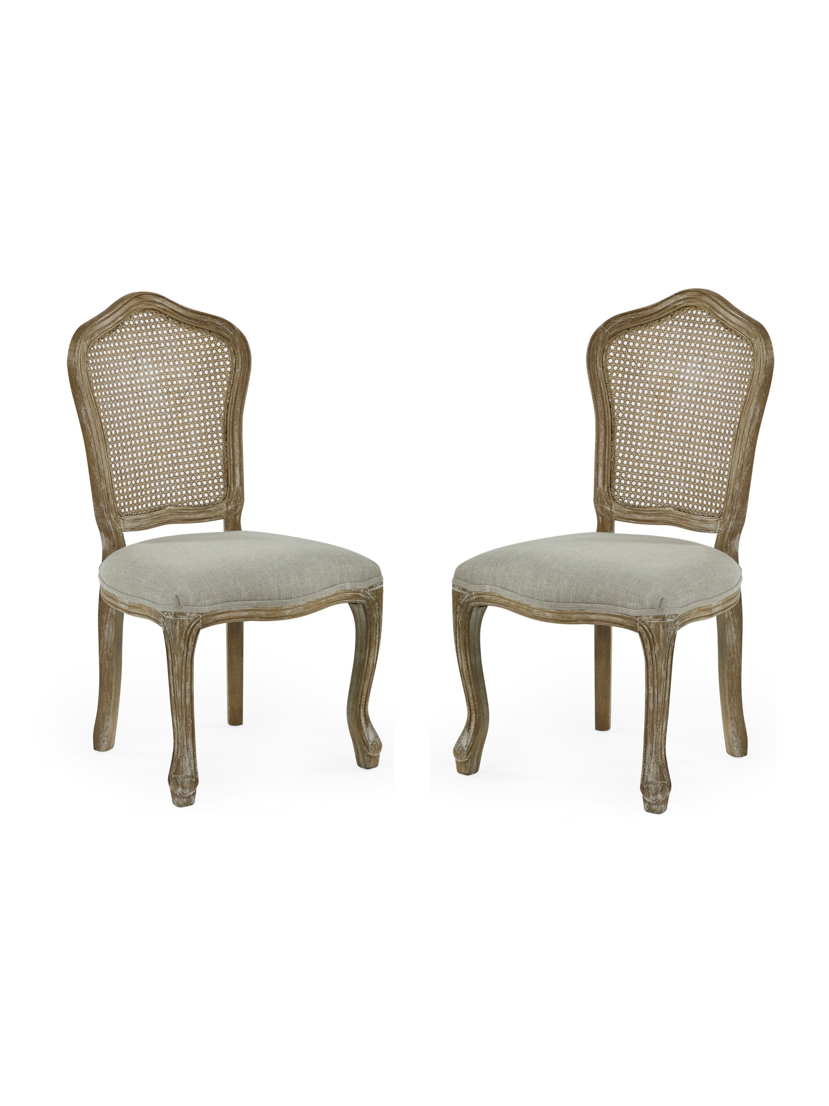 Set of 2 Camille Limed Oak Rattan Back Dining Chairs with French Style Legs – Oatmeal Linen and Limed Oak