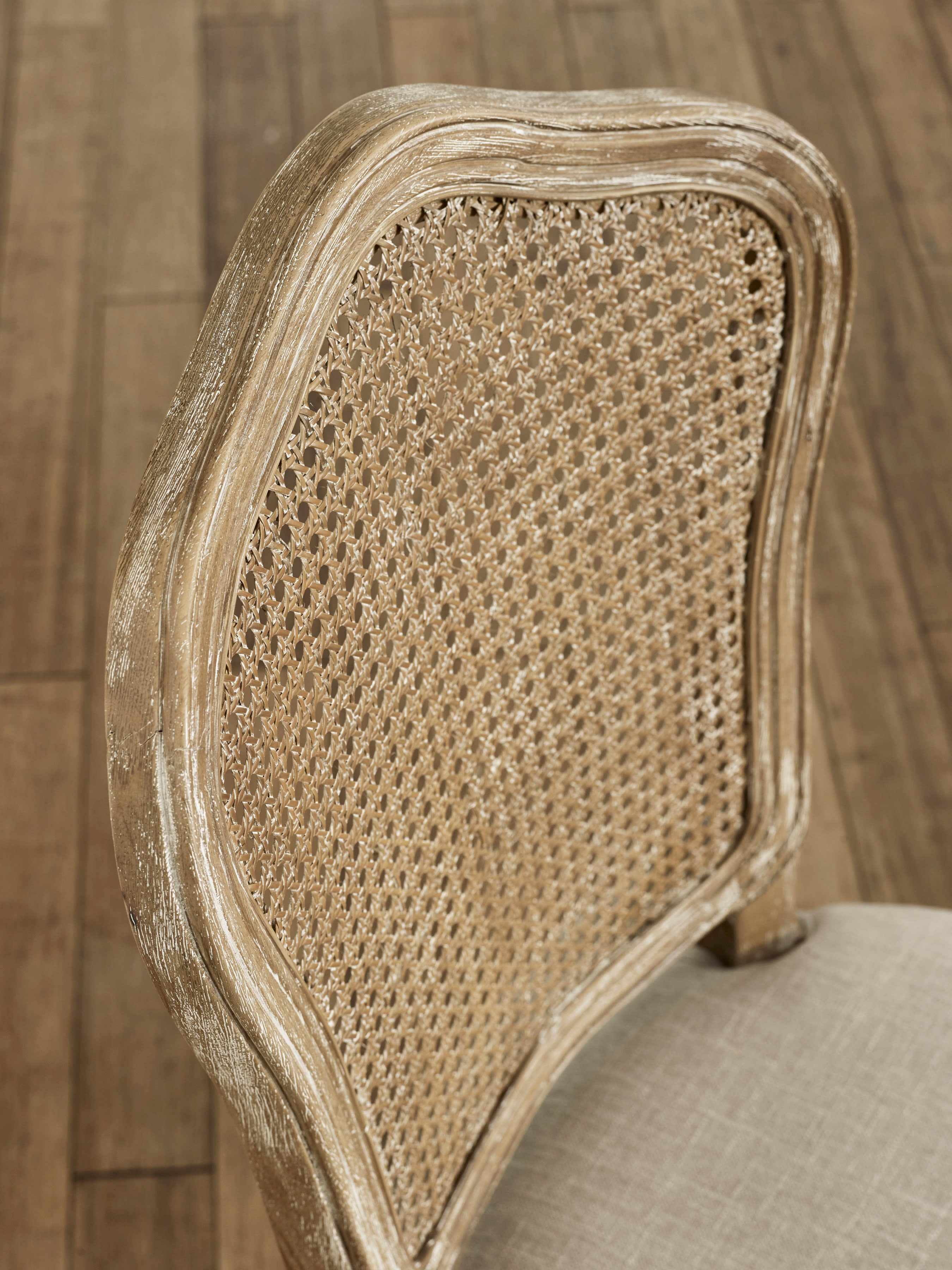 Set of 2 Camille Limed Oak Rattan Back Dining Chairs with French Style Legs – Oatmeal Linen and Limed Oak