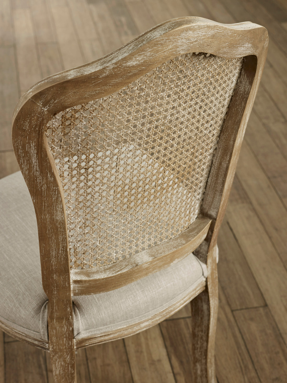Set of 2 Camille Limed Oak Rattan Back Dining Chairs with French Style Legs – Oatmeal Linen and Limed Oak