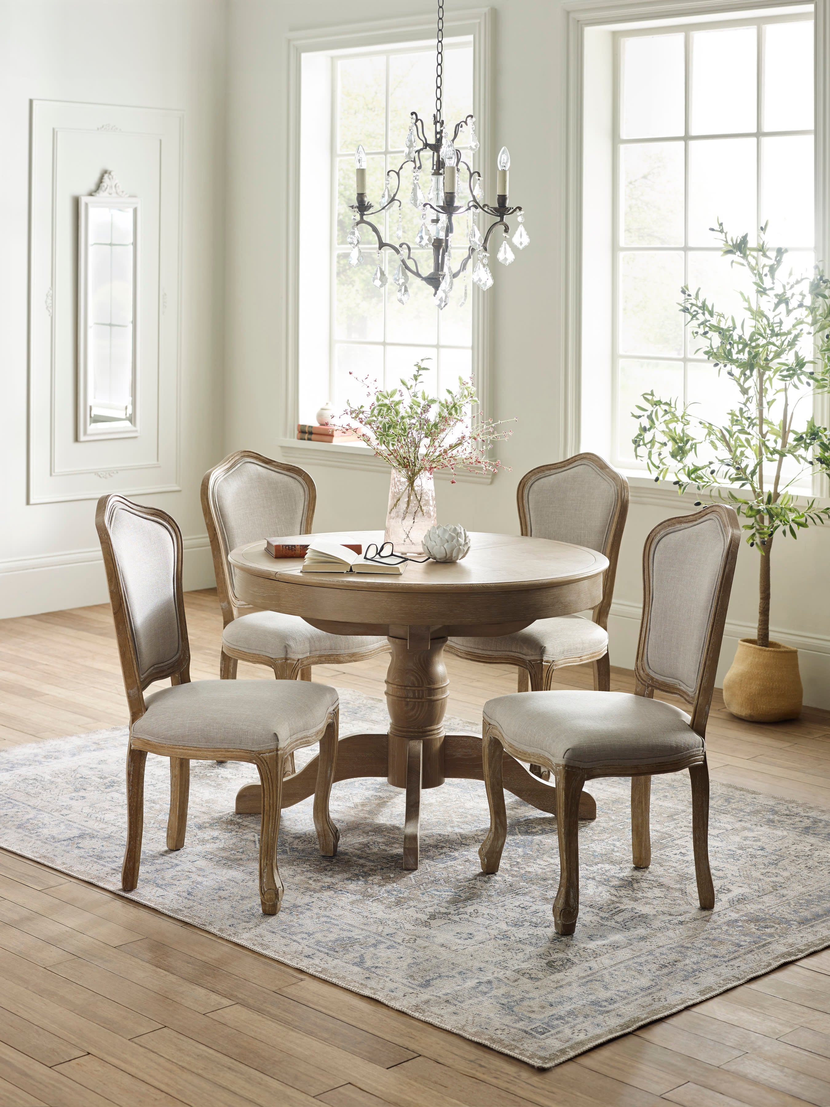 Set of 2 Camille Oatmeal Linen Upholstered Dining Chairs with French Style Legs – Oatmeal Linen and Limed Oak