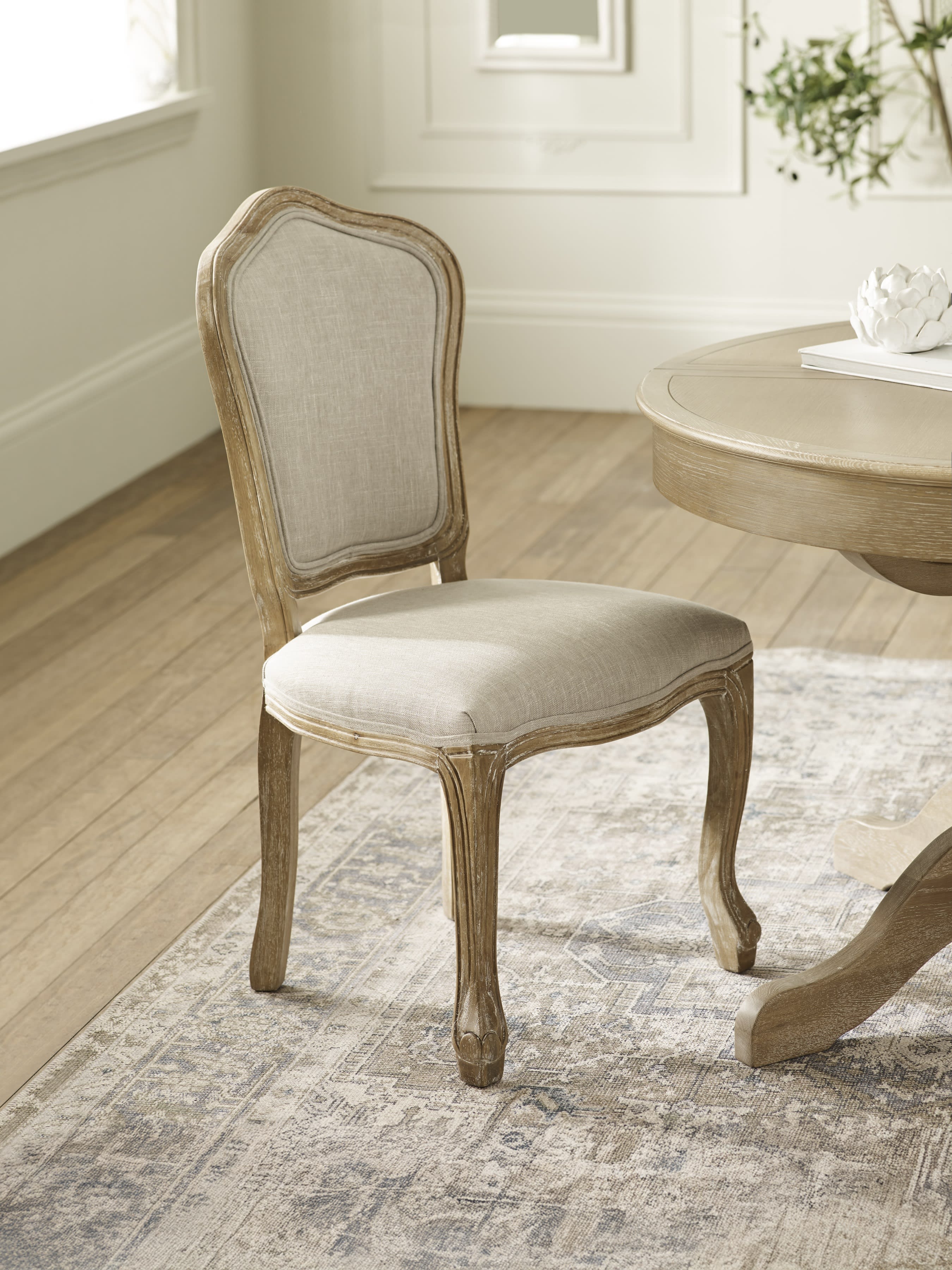 Set of 2 Camille Oatmeal Linen Upholstered Dining Chairs with French Style Legs – Oatmeal Linen and Limed Oak