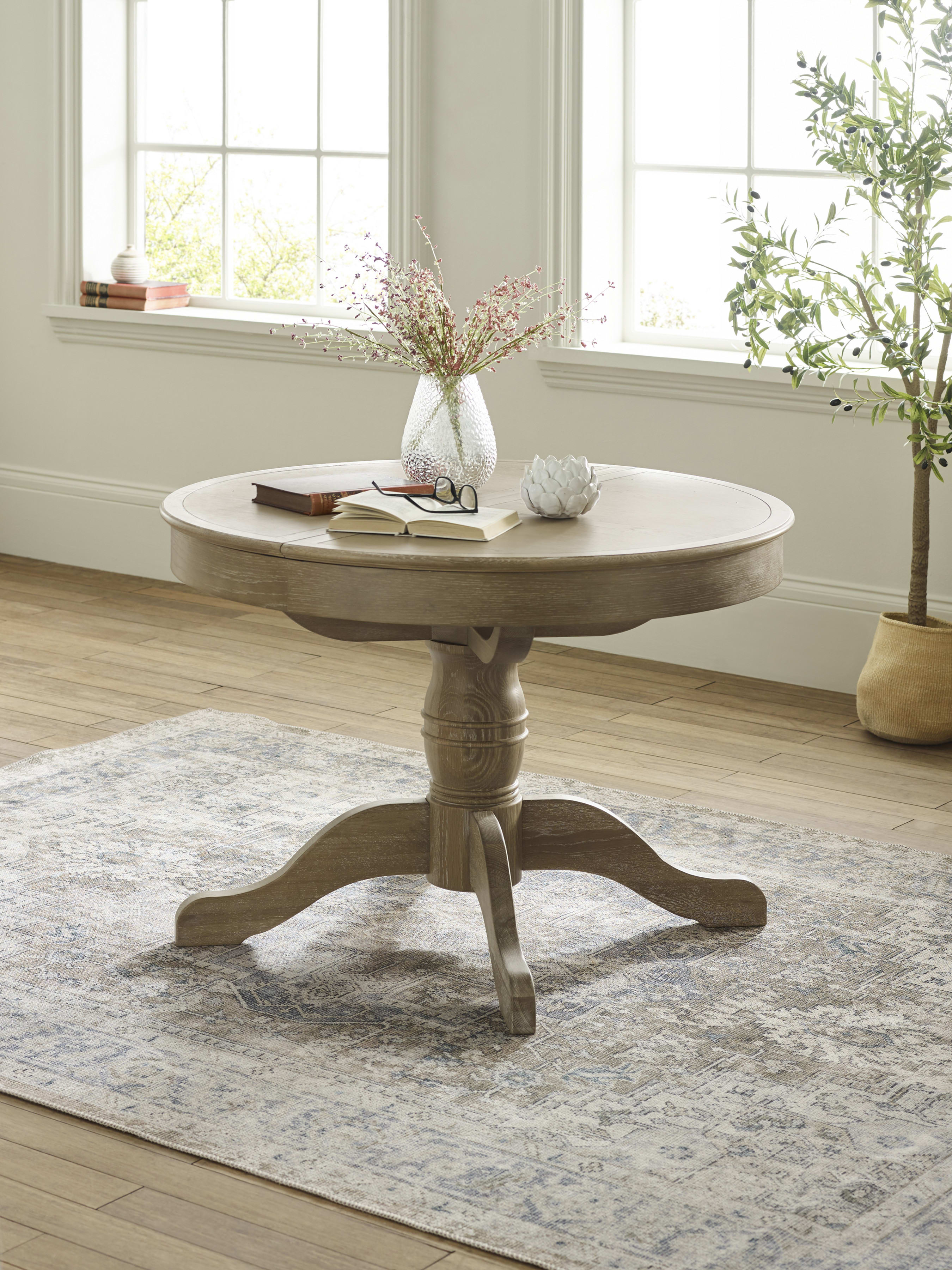 Camille Round Limed Oak Extending Dining Table Set with 2 Rattan Back, and 2 Upholstered Chairs