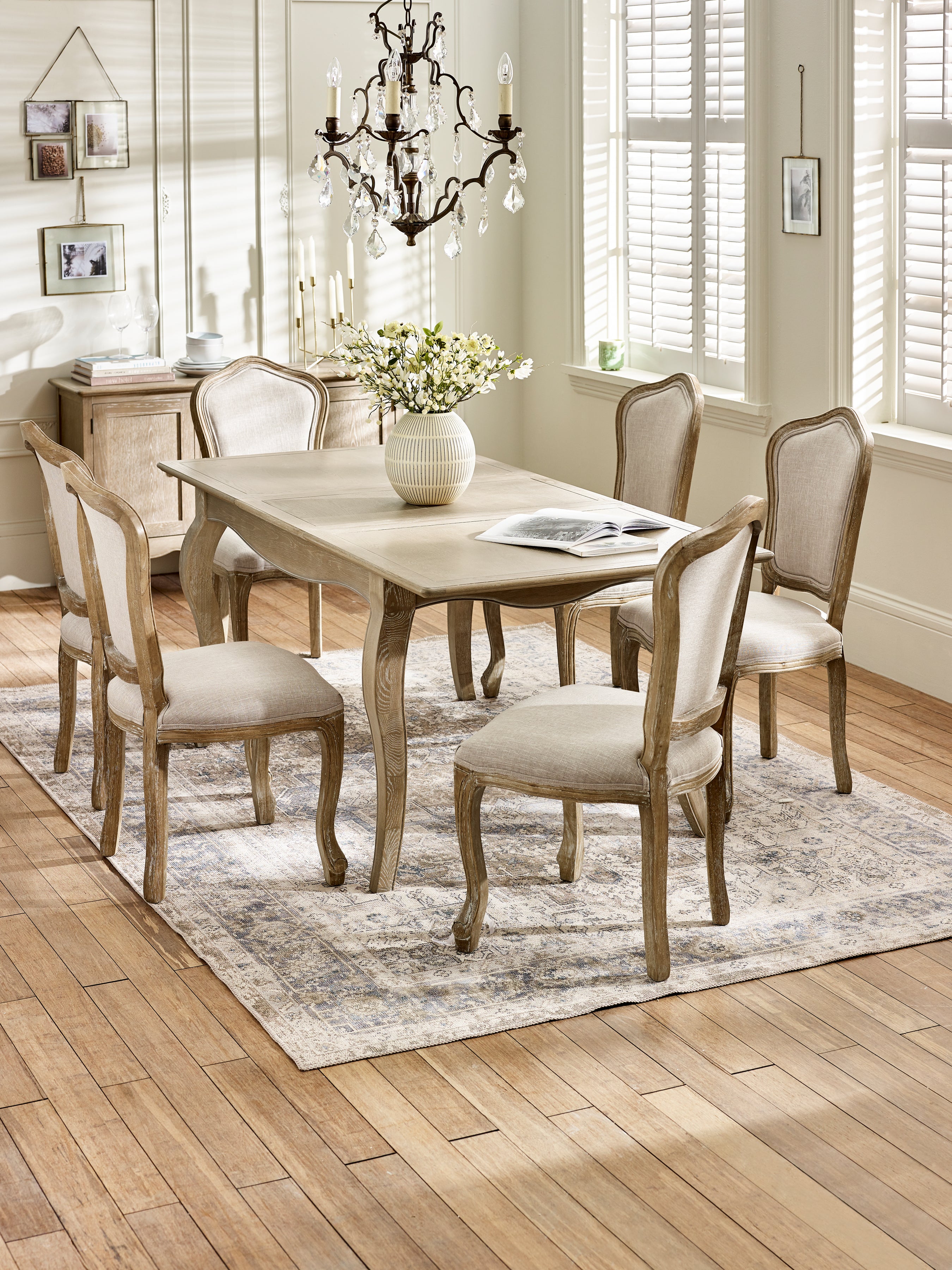 Camille Limed Oak Extending Rectangular Dining Set with 6 Upholstered Chairs – Limed Oak and Oatmeal Linen