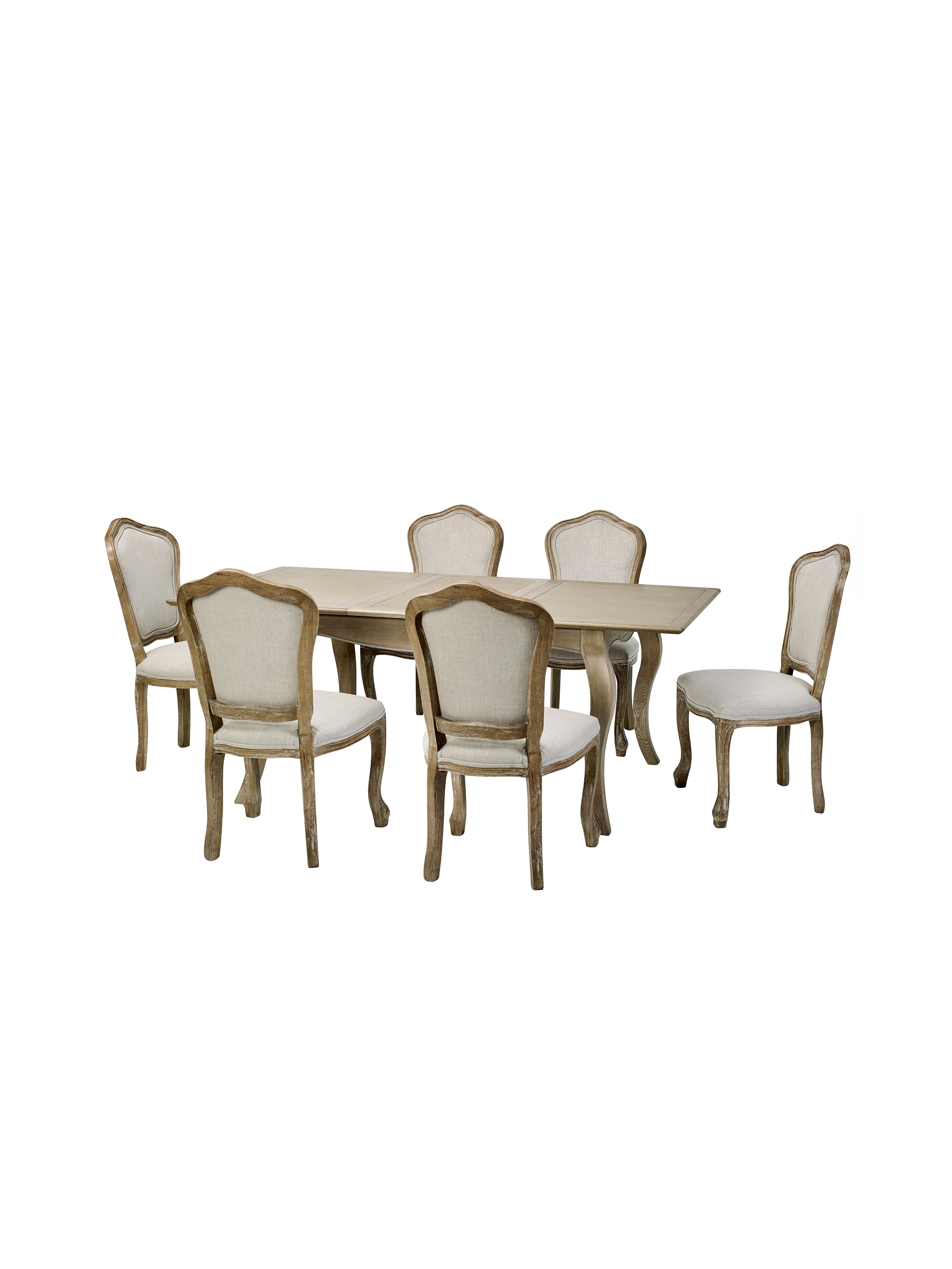 Camille Limed Oak Extending Rectangular Dining Set with 6 Upholstered Chairs – Limed Oak and Oatmeal Linen