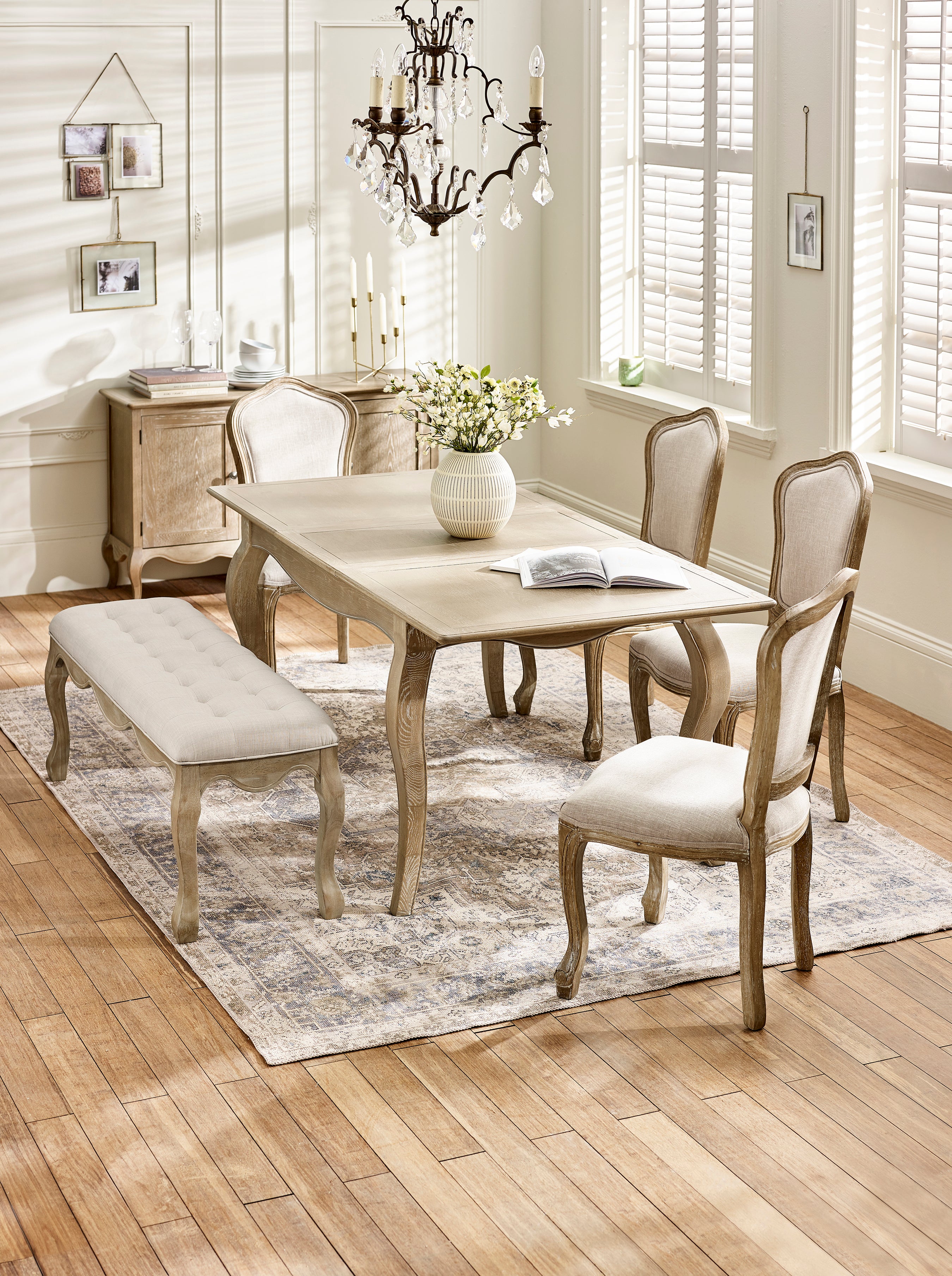 Camille Limed Oak Extending Rectangular Dining Set with 4 Upholstered Chairs and Bench – Limed Oak and Oatmeal Linen