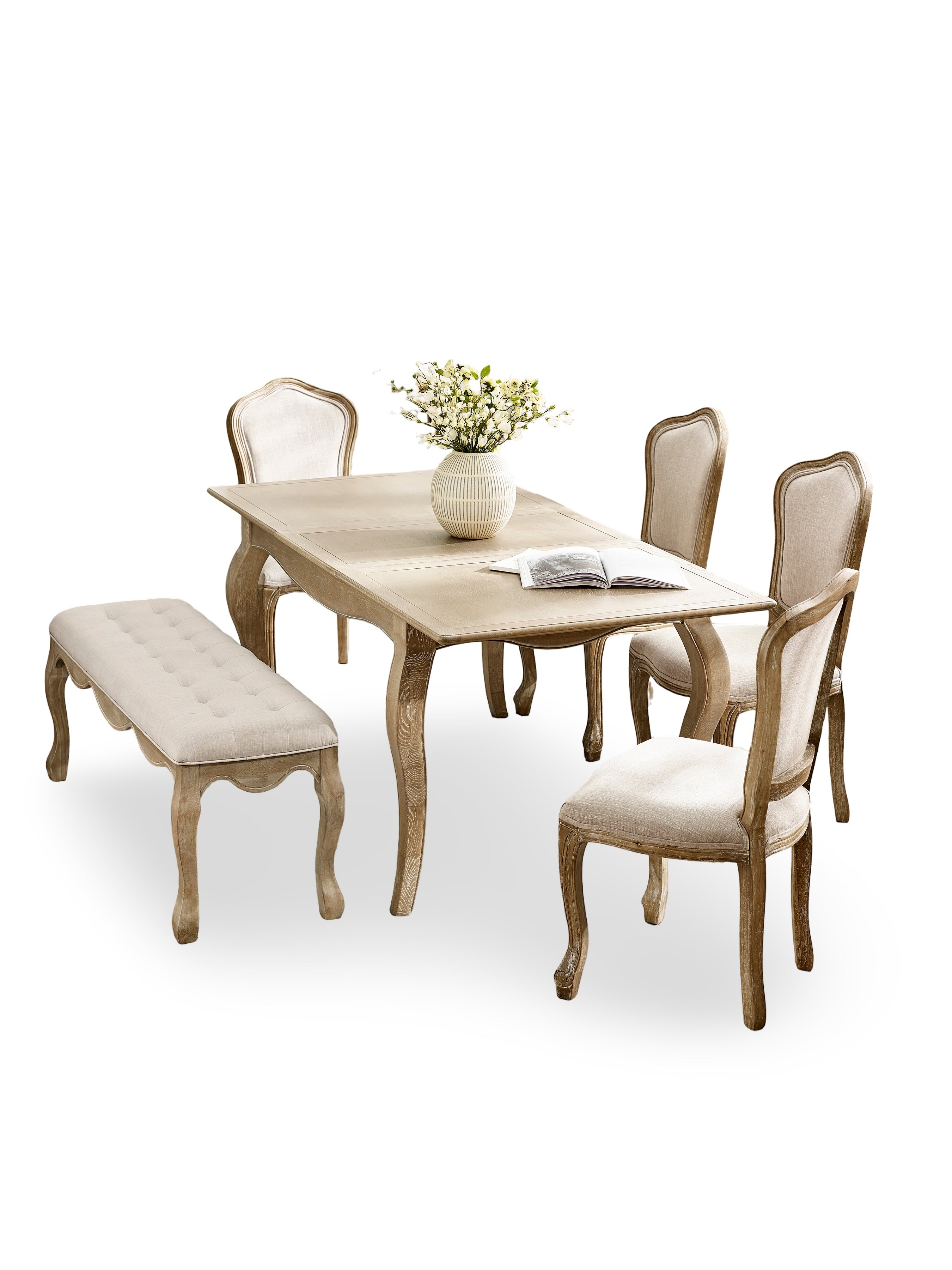 Camille Limed Oak Extending Rectangular Dining Set with 4 Upholstered Chairs and Bench – Limed Oak and Oatmeal Linen