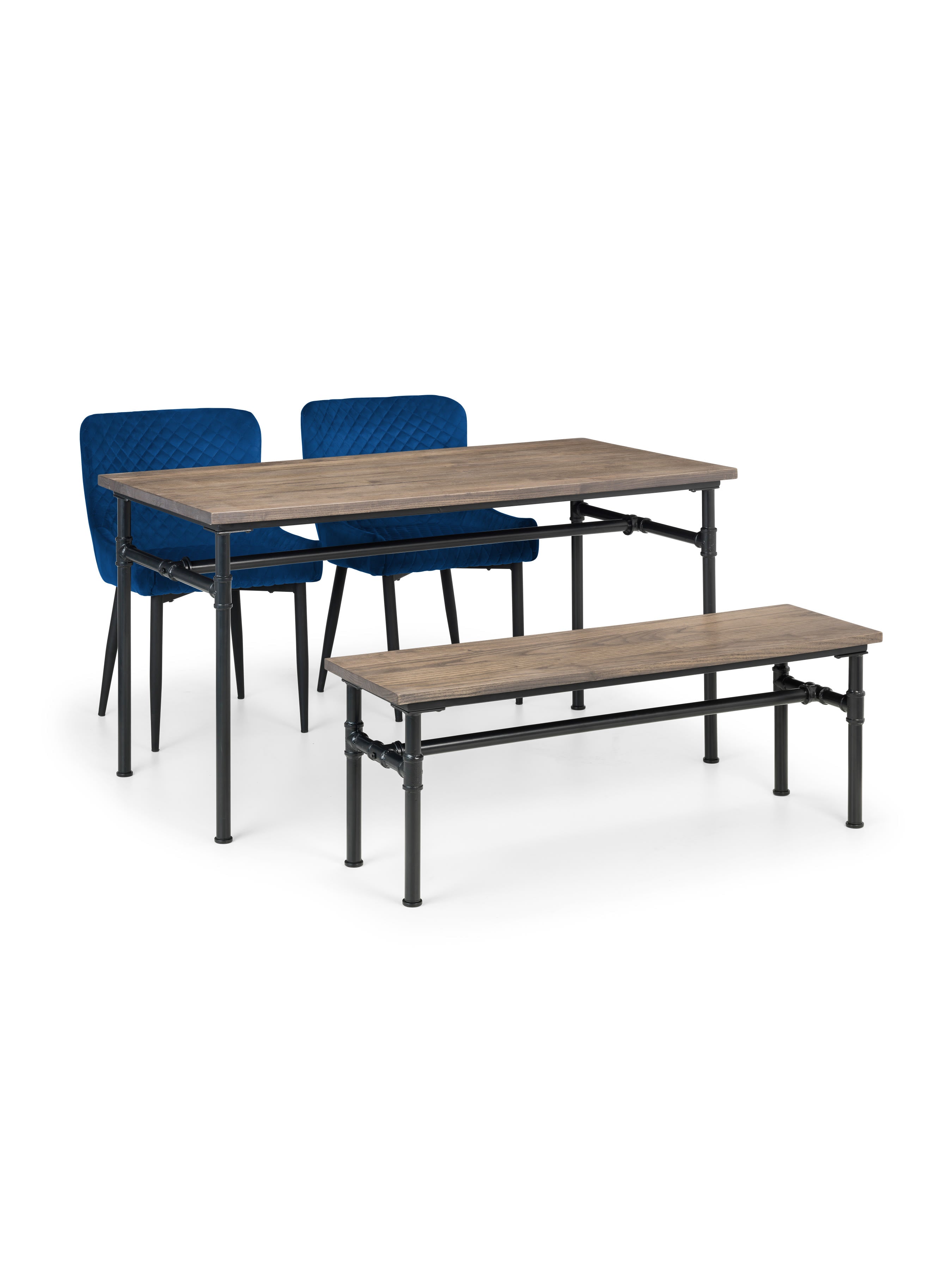 Carnegie Table, 1 Carnegie Bench and 2 Blue plush Chairs – Mocha Elm