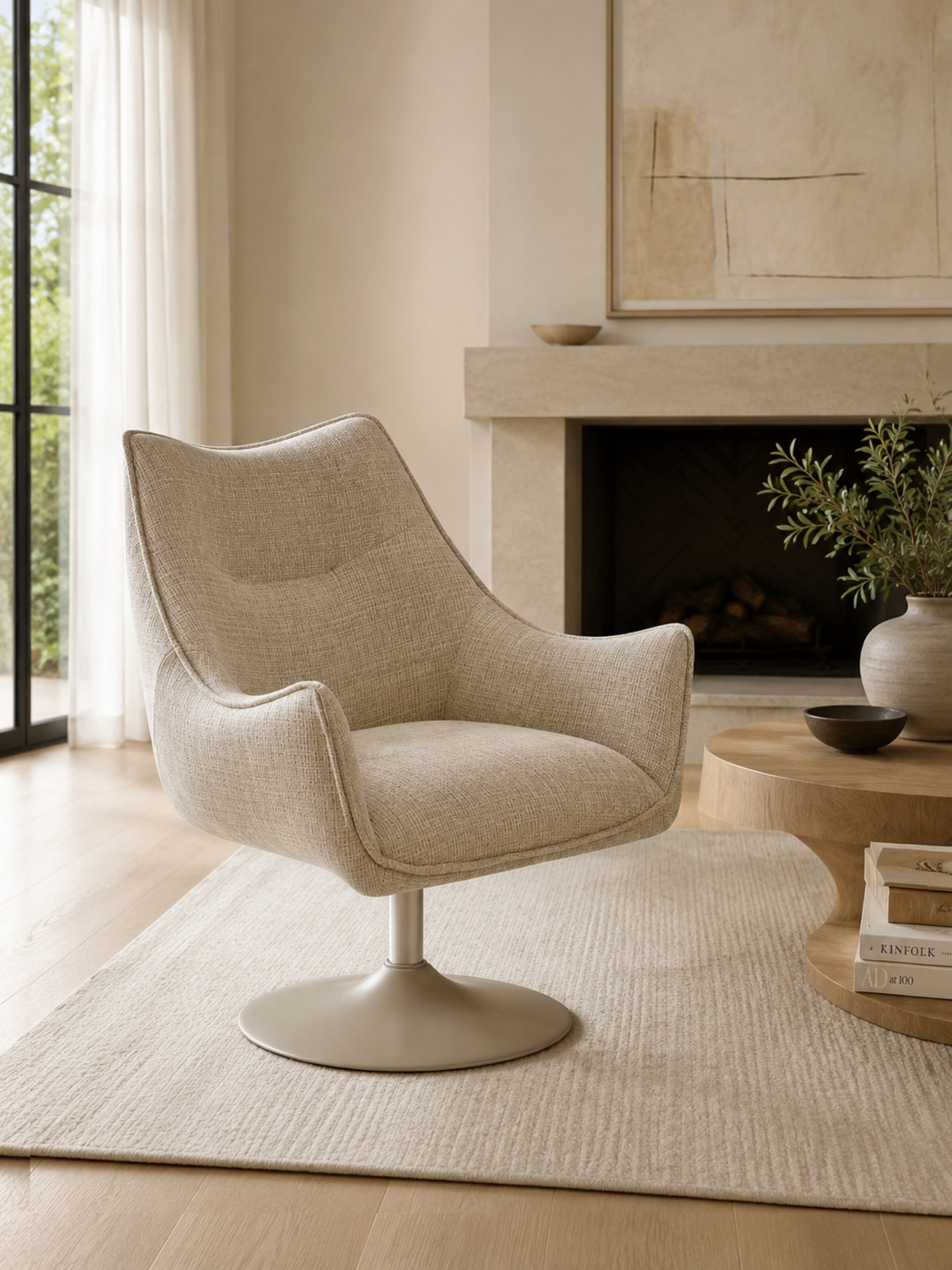 Caspian Upholstered Swivel Lounge Chair – Ivory Chenille