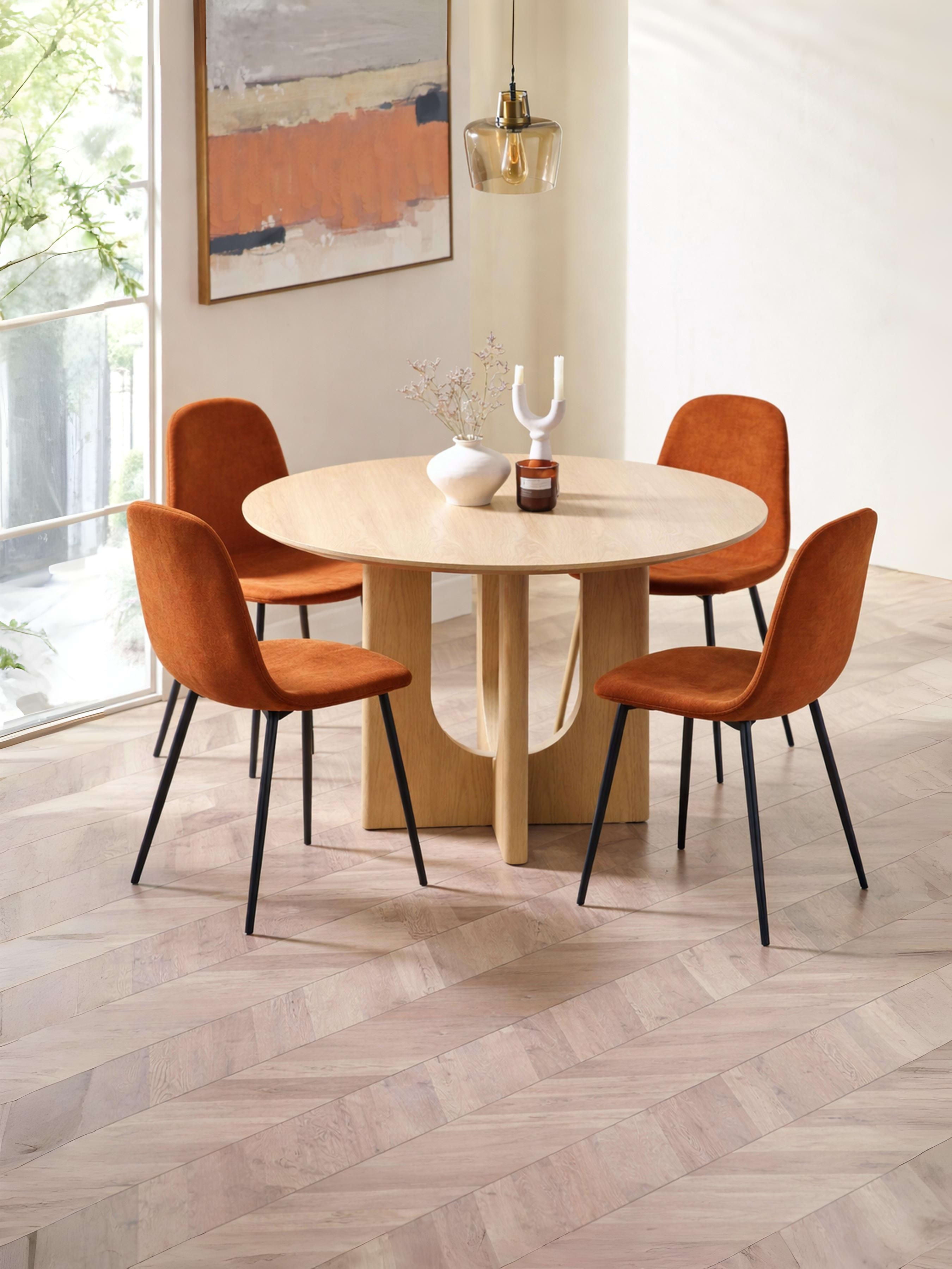 Cellini Round Oak Effect Dining Table Set with 4 Lottie Orange Chenille Upholstered Dining Chairs – Natural Oak Effect