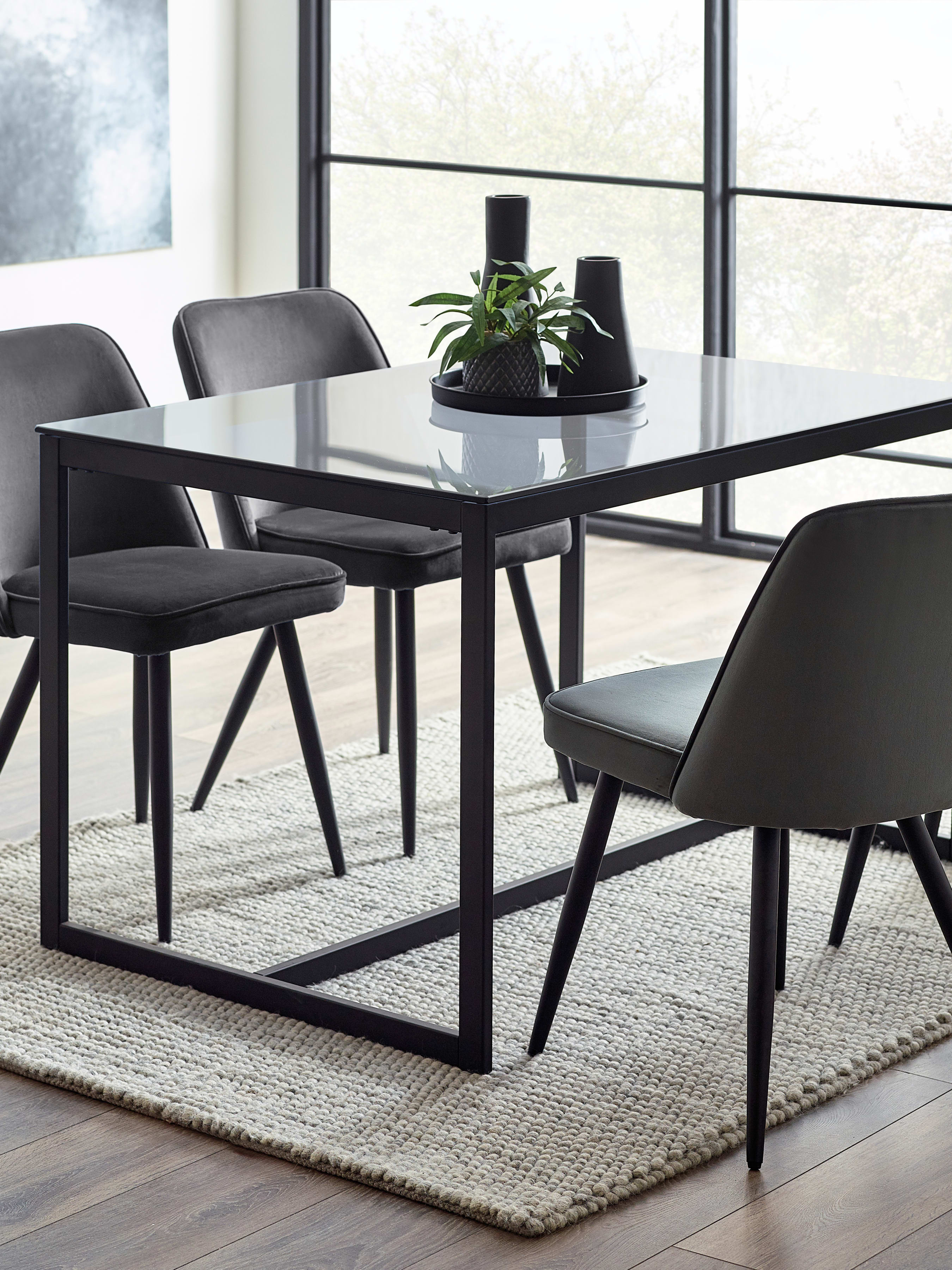 Chicago Rectangular Smoked Glass Dining Table Set with 4 Grey Velvet Upholstered Burgess Dining Chairs