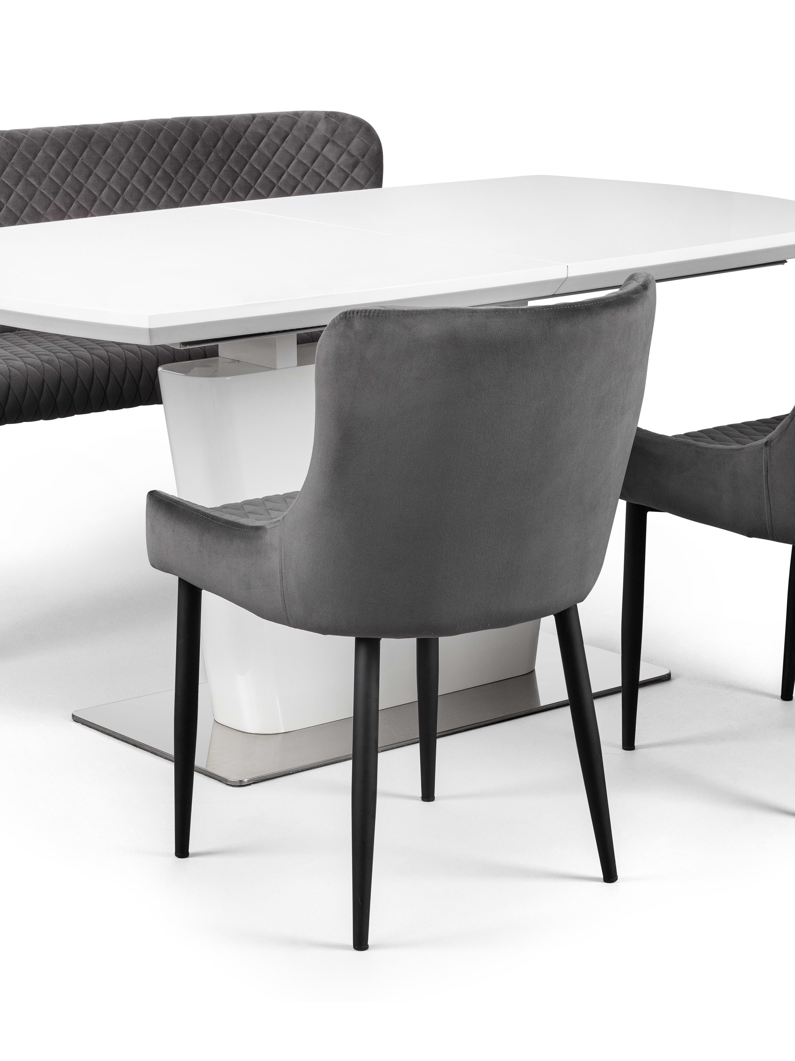 Como White High Gloss Table , 1 Grey plush High Bench and 2 Grey plush Chairs – White and Grey