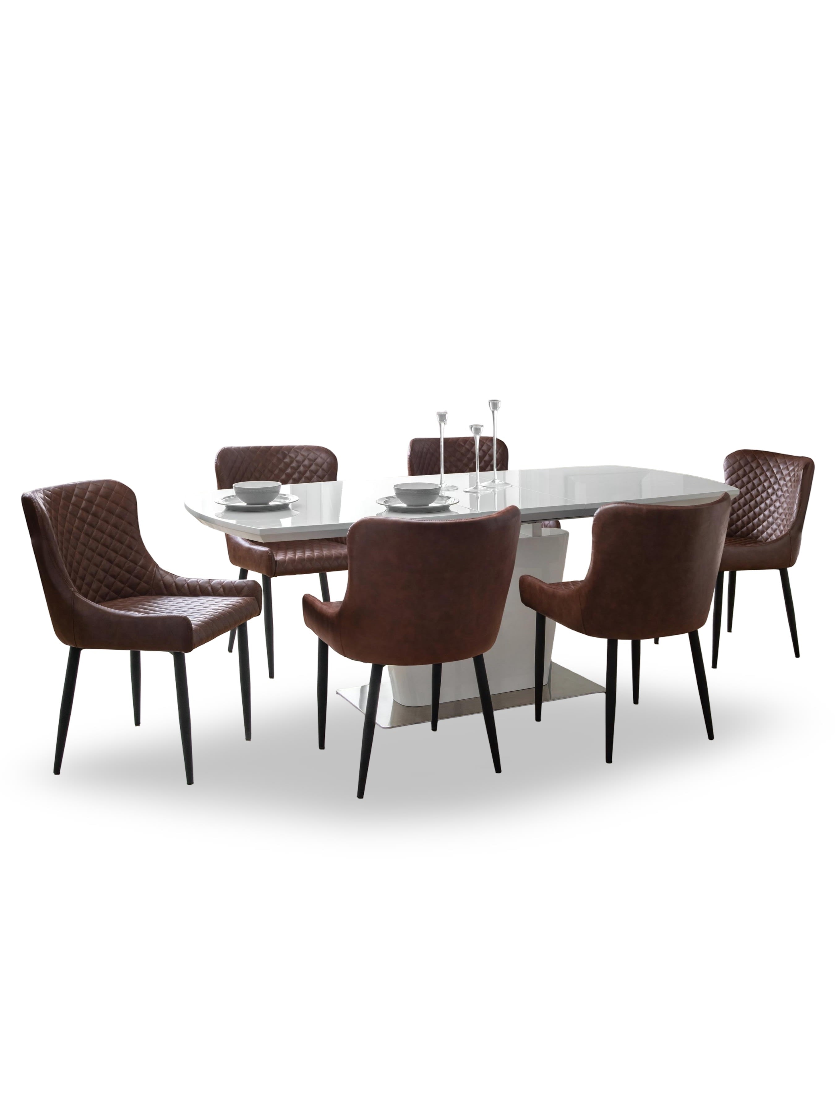 Como White Gloss Rectangular 160 to 200cm Extending Dining Table Set with 6 plush Brown Faux Leather Dining Chairs