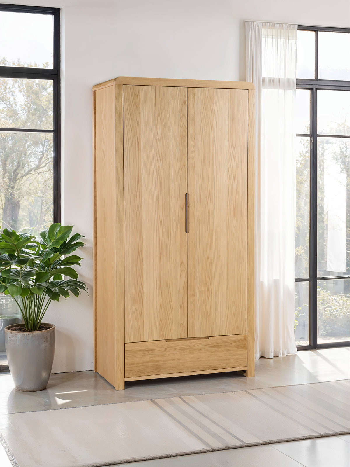 Curve Oak 2 Door 1 Drawer Wardrobe