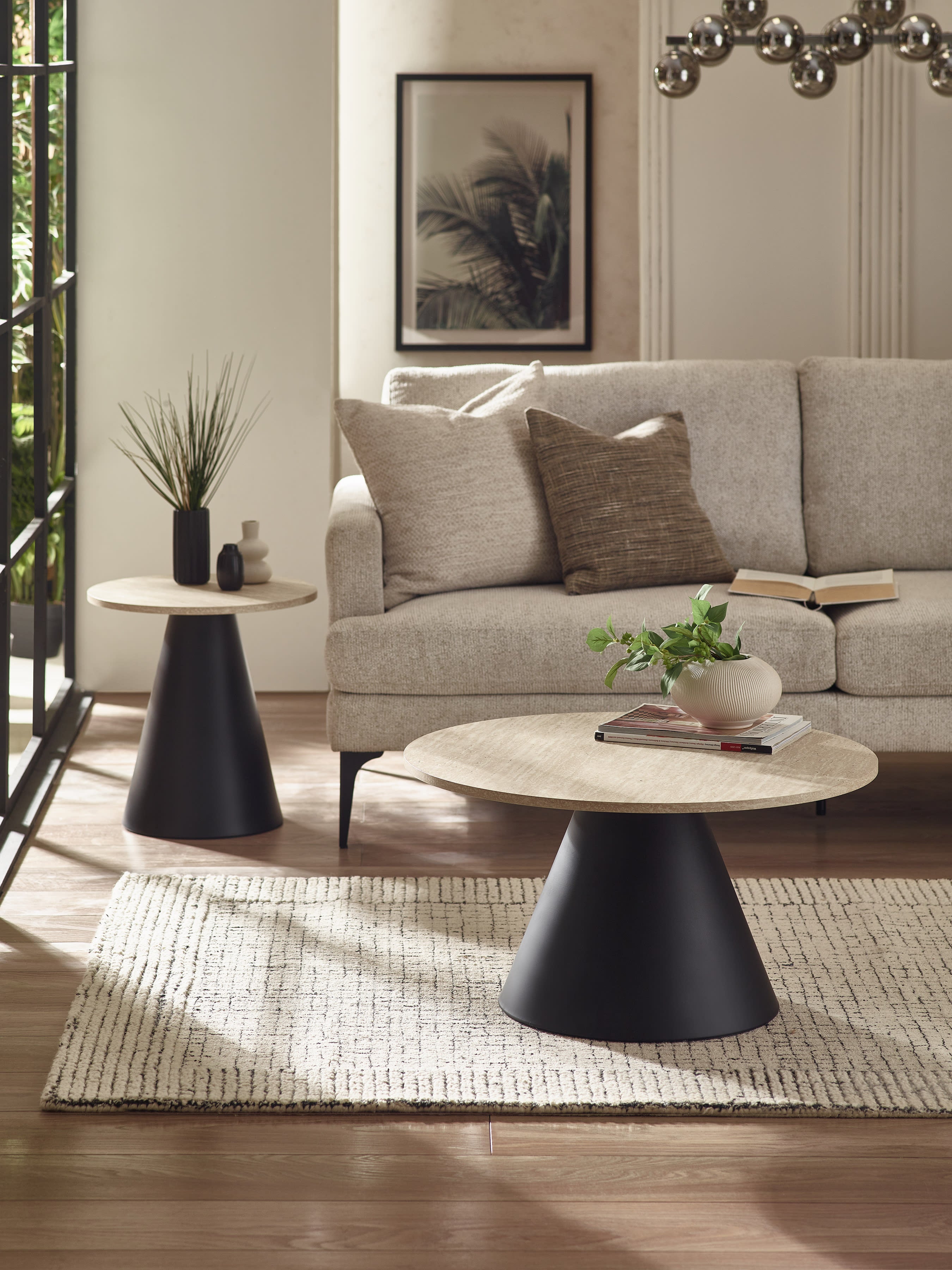 Elgon Travertine Effect Coffee and Lamp Table Set – Natural Travertine Effect and Black