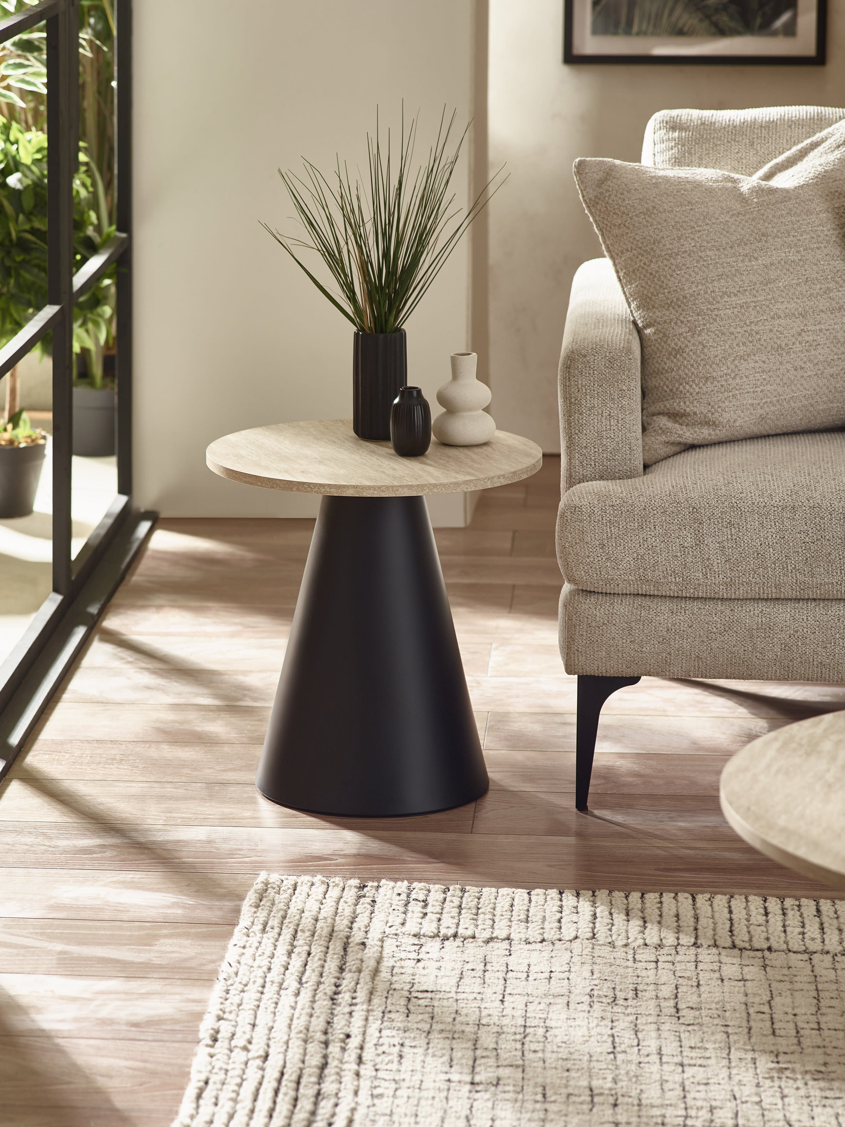 Elgon Travertine Effect Coffee and Lamp Table Set – Natural Travertine Effect and Black