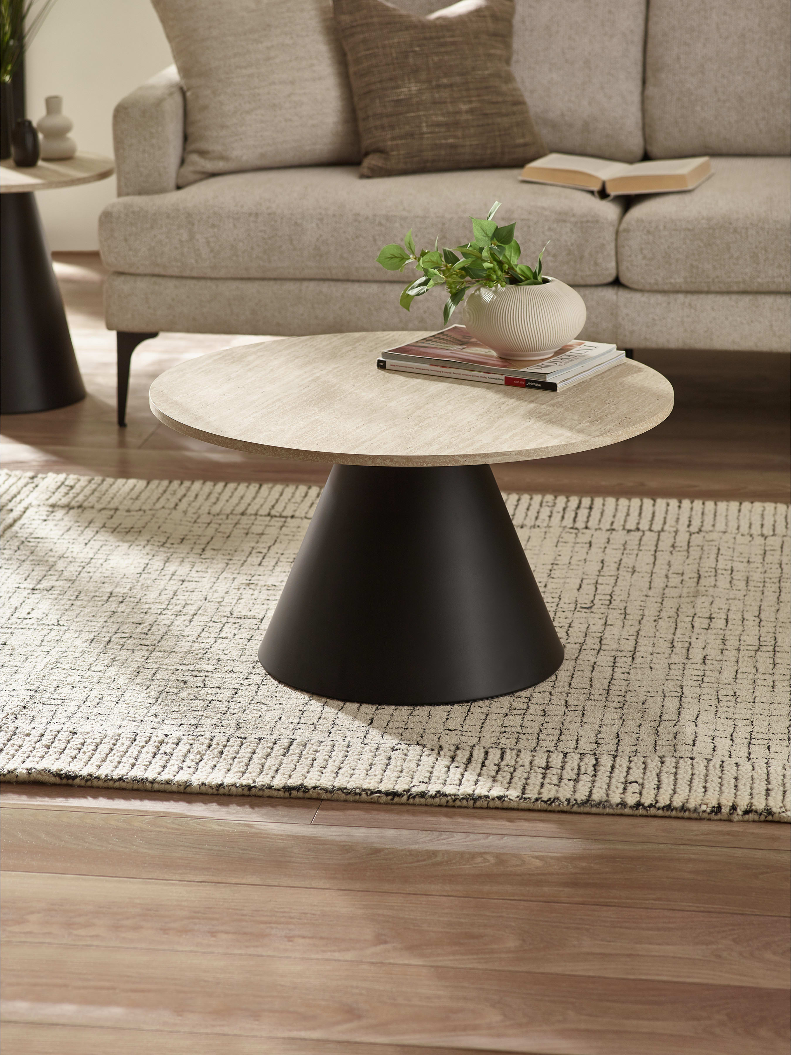 Elgon Travertine Effect Coffee and Lamp Table Set – Natural Travertine Effect and Black