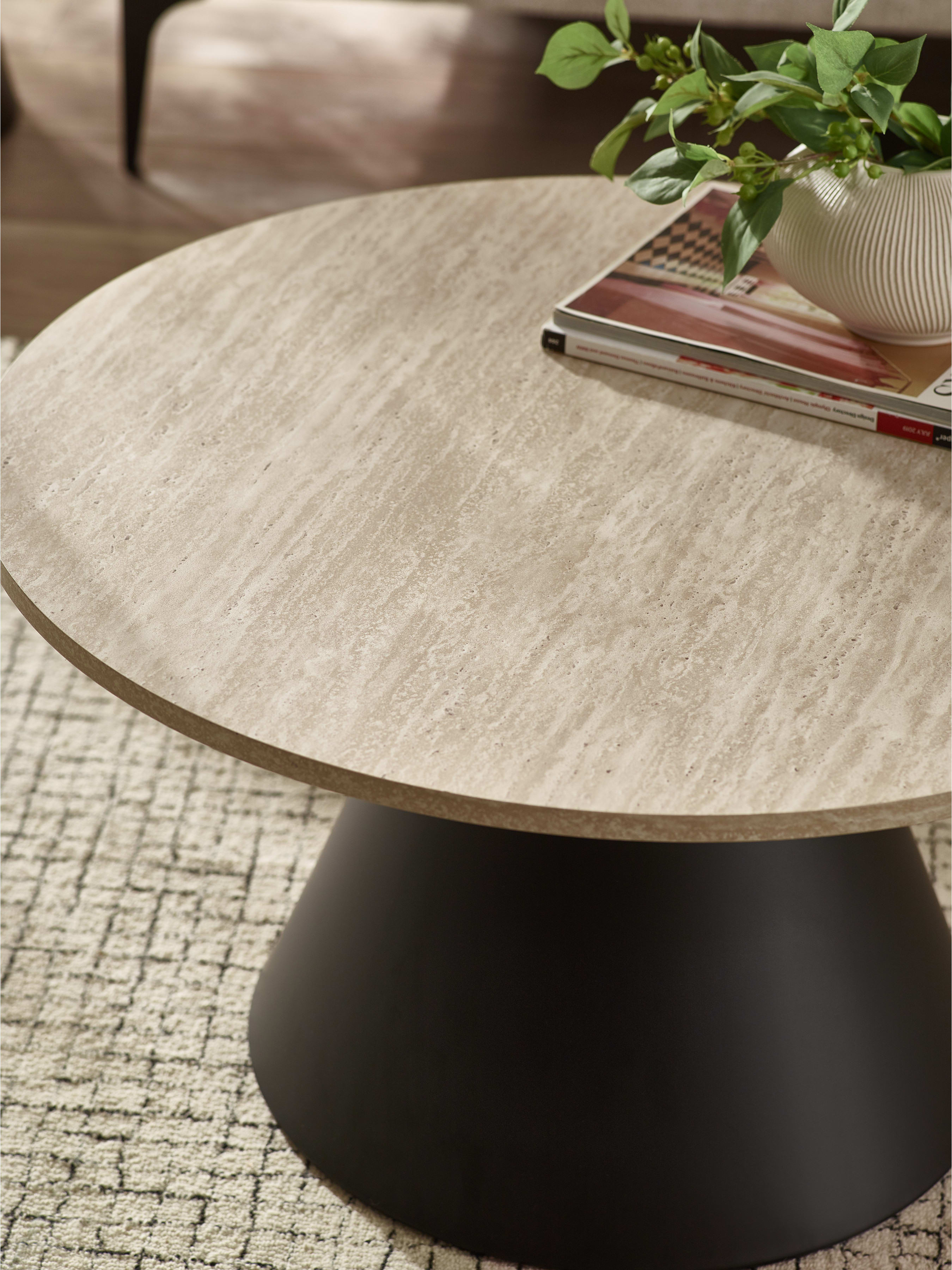 Elgon Travertine Effect Coffee and Lamp Table Set – Natural Travertine Effect and Black