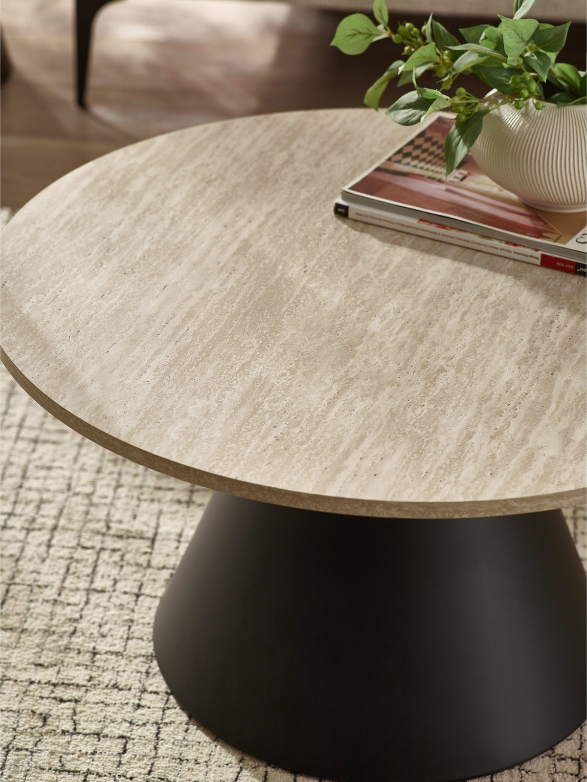 Elgon Travertine Effect Coffee and Lamp Table Set – Natural Travertine Effect and Black