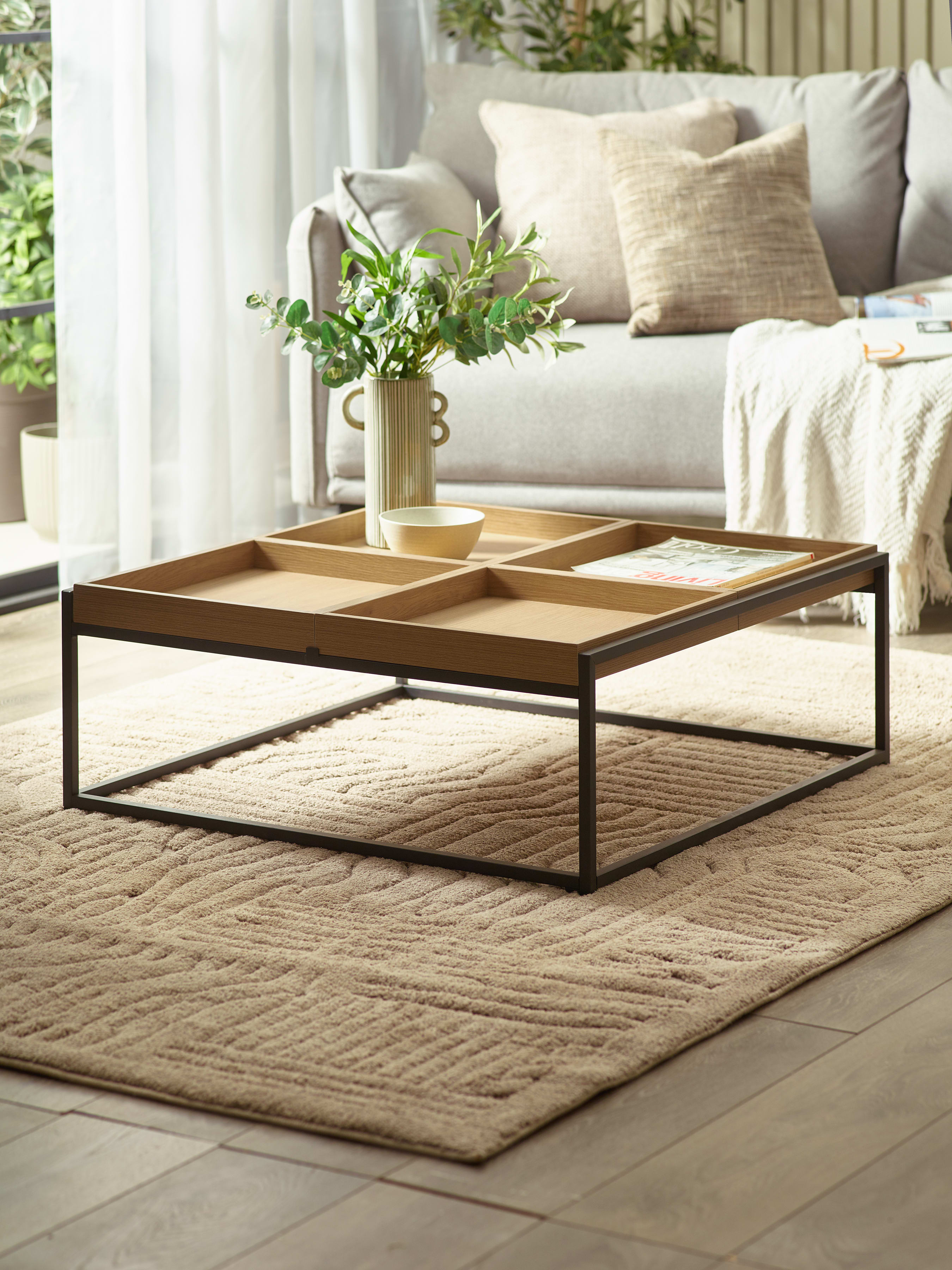 Ezra 83cm Square Tray Coffee Table – Light Oak Effect