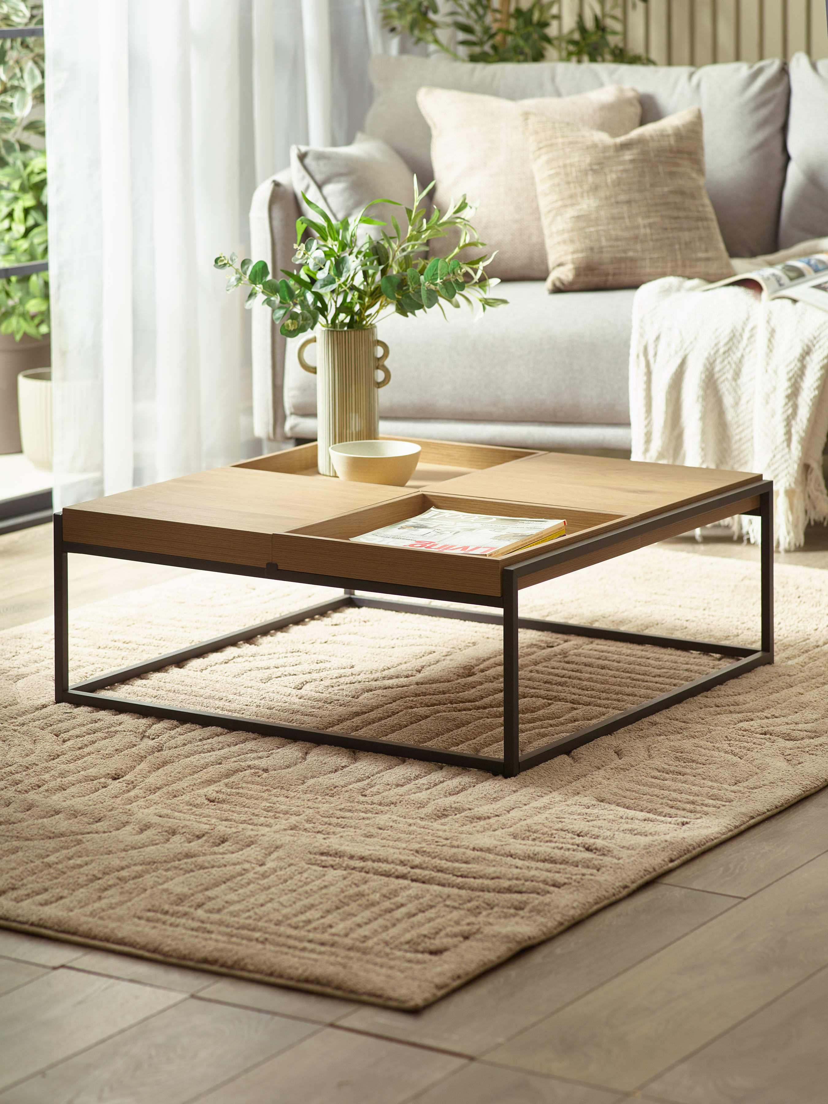 Ezra 83cm Square Tray Coffee Table – Light Oak Effect