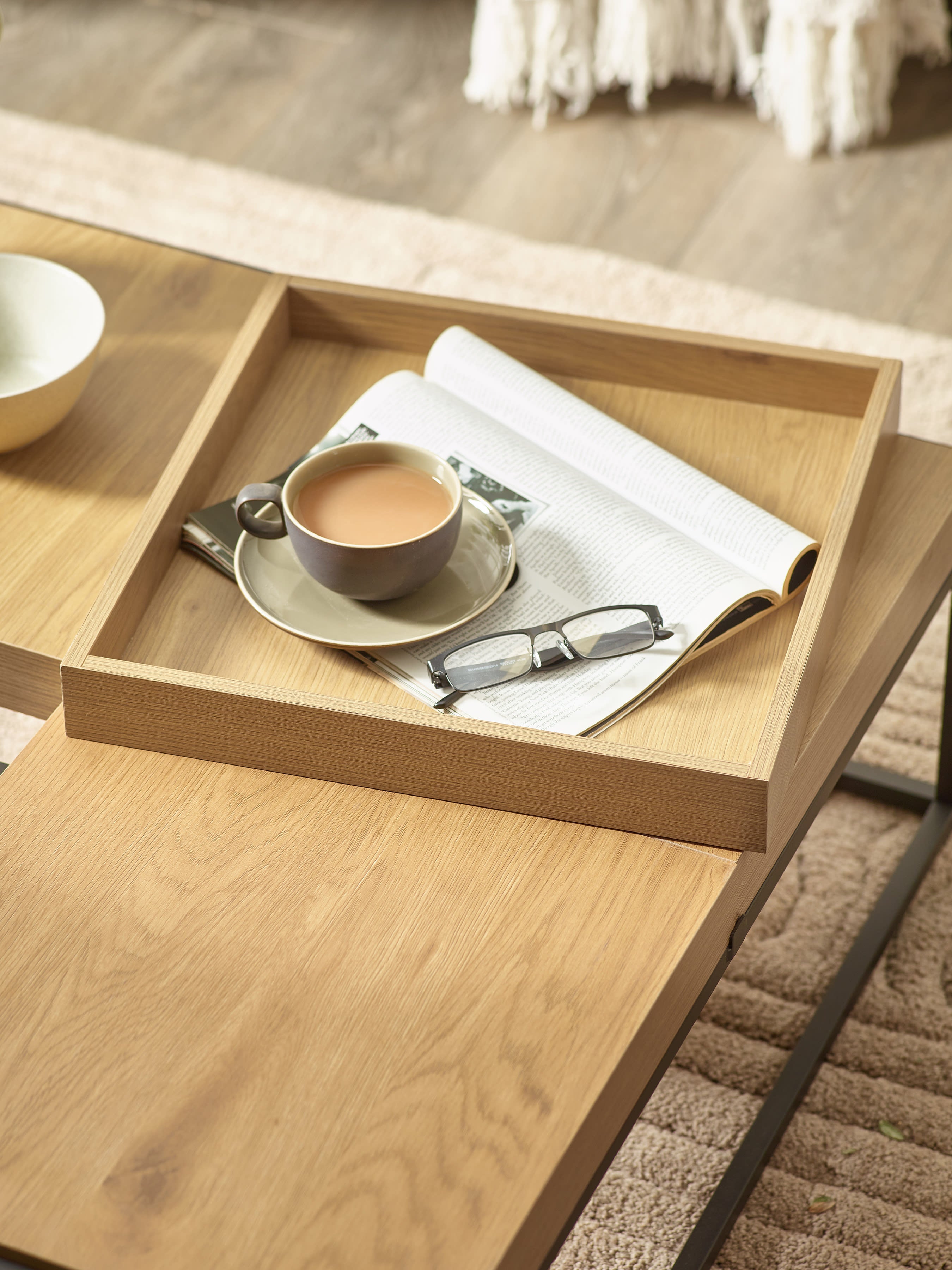 Ezra 83cm Square Tray Coffee Table – Light Oak Effect