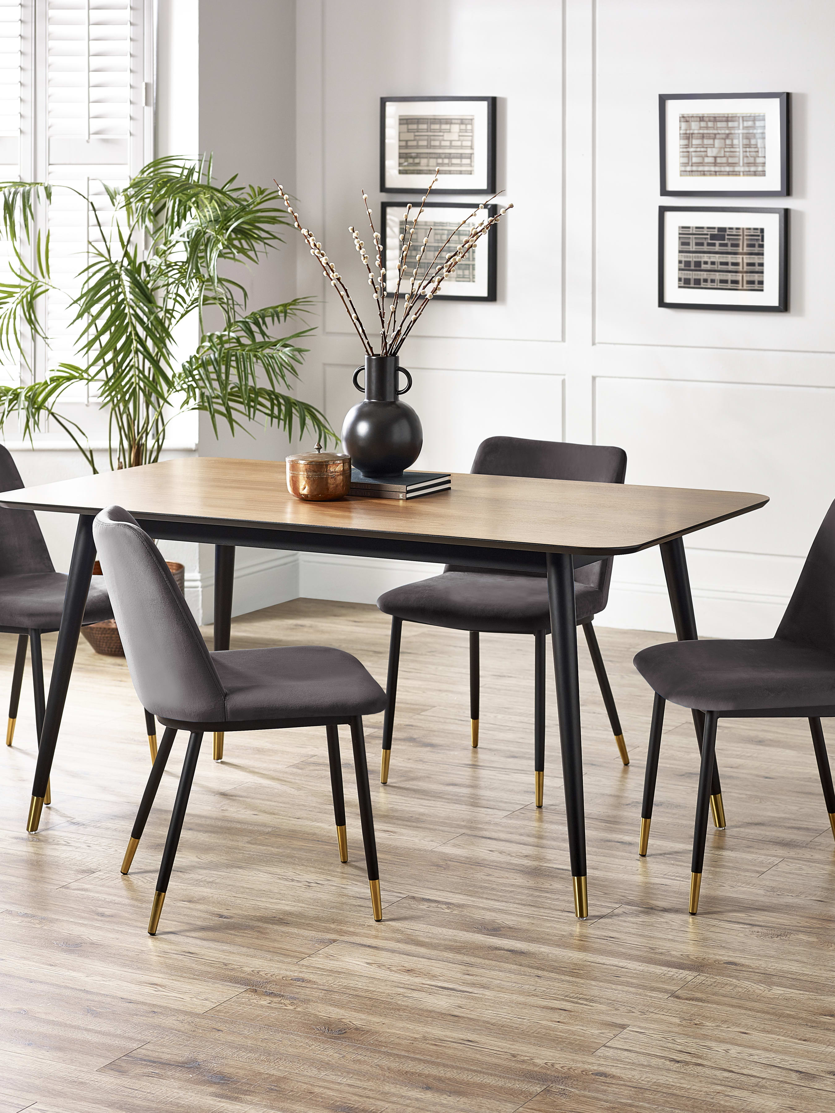 Findlay Rectangular Table and 4 Grey Delaunay Chairs – Walnut Effect and Black