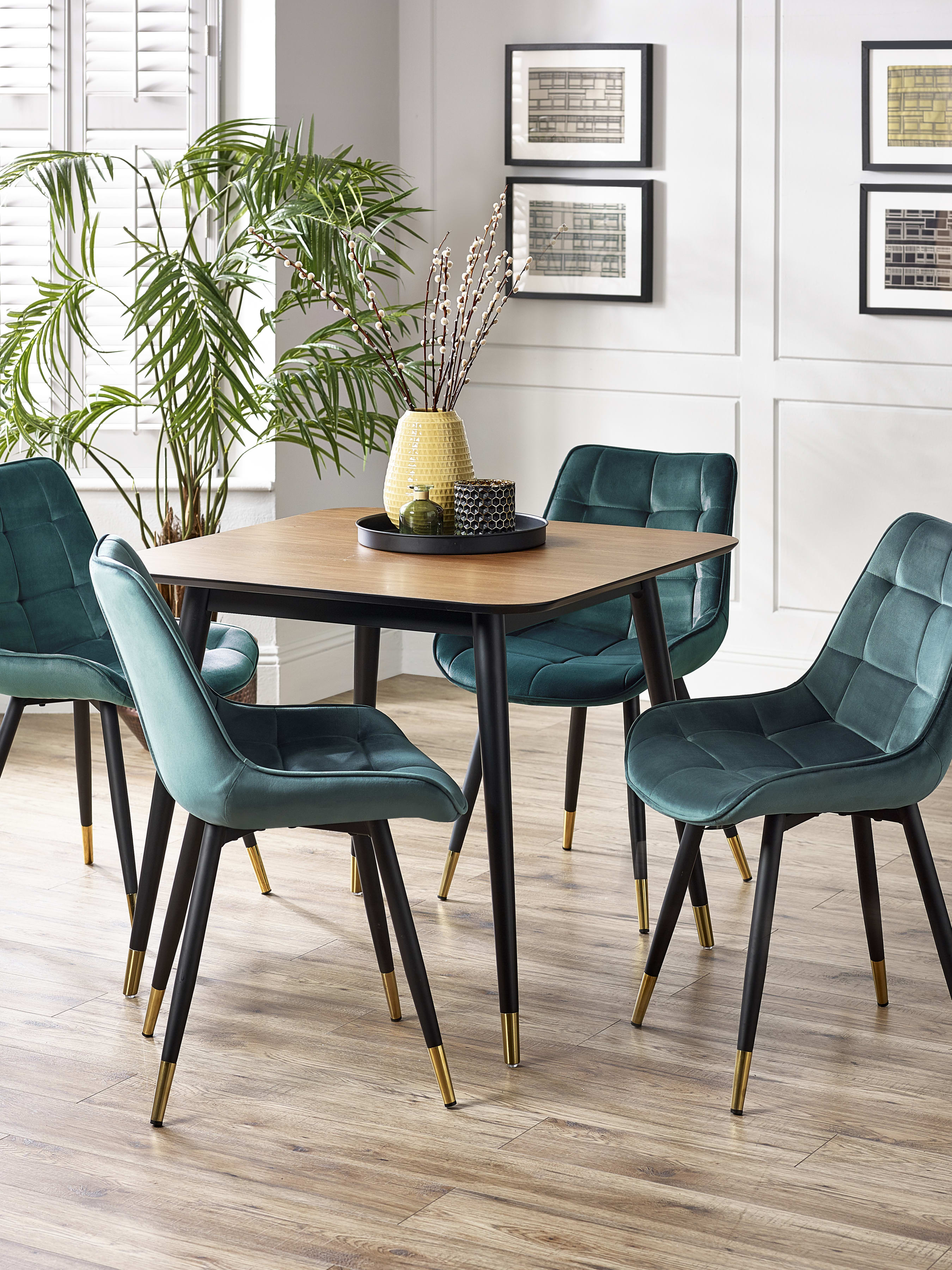 Findlay Rectangular Table and 4 Green Hadid Chairs – Walnut Effect and Black