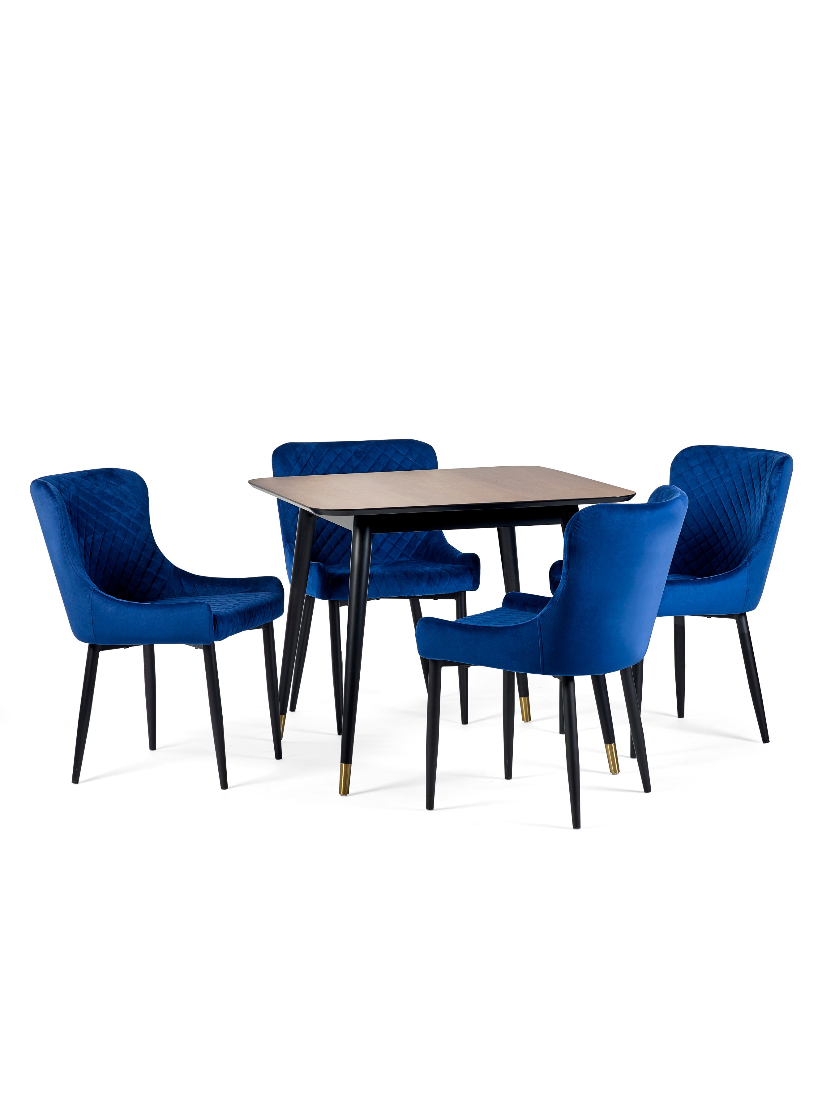 Findlay Square Table and 4 Blue plush Chairs – Walnut Effect and Black