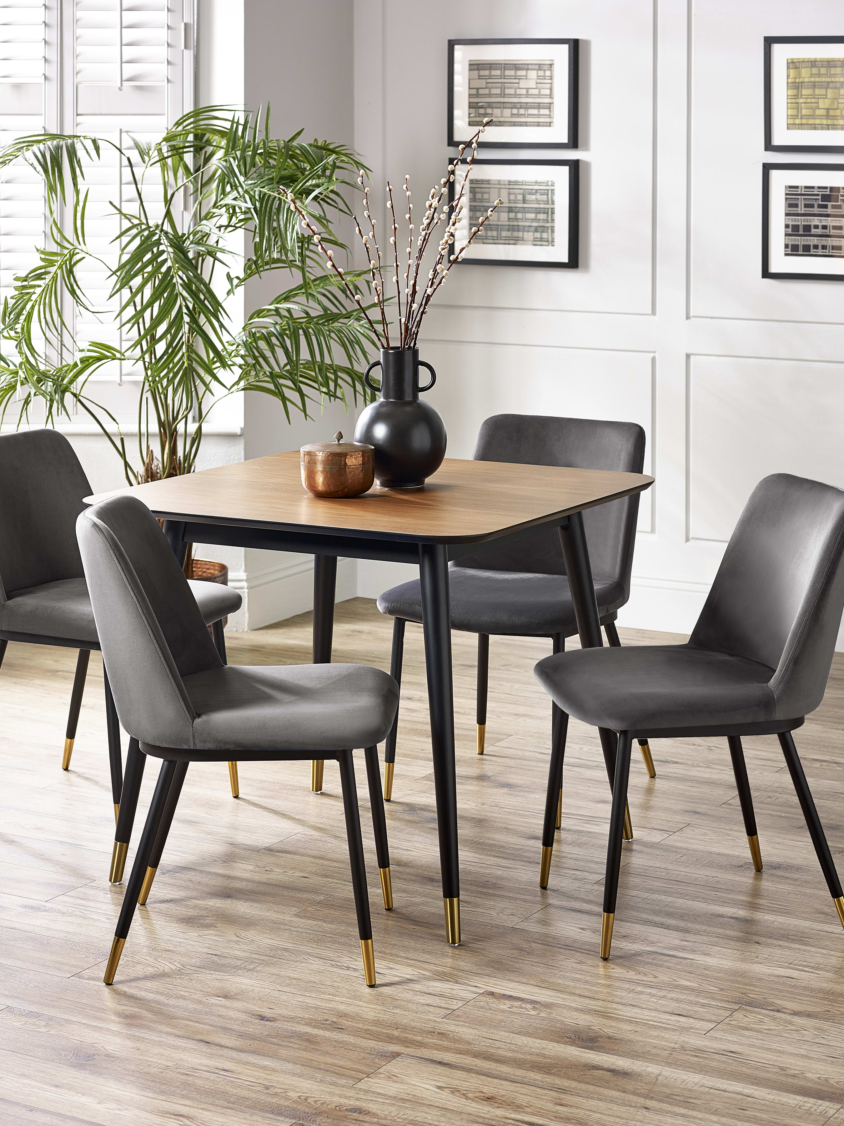 Findlay Square Table and 4 Grey Delaunay Chairs – Walnut Effect and Black